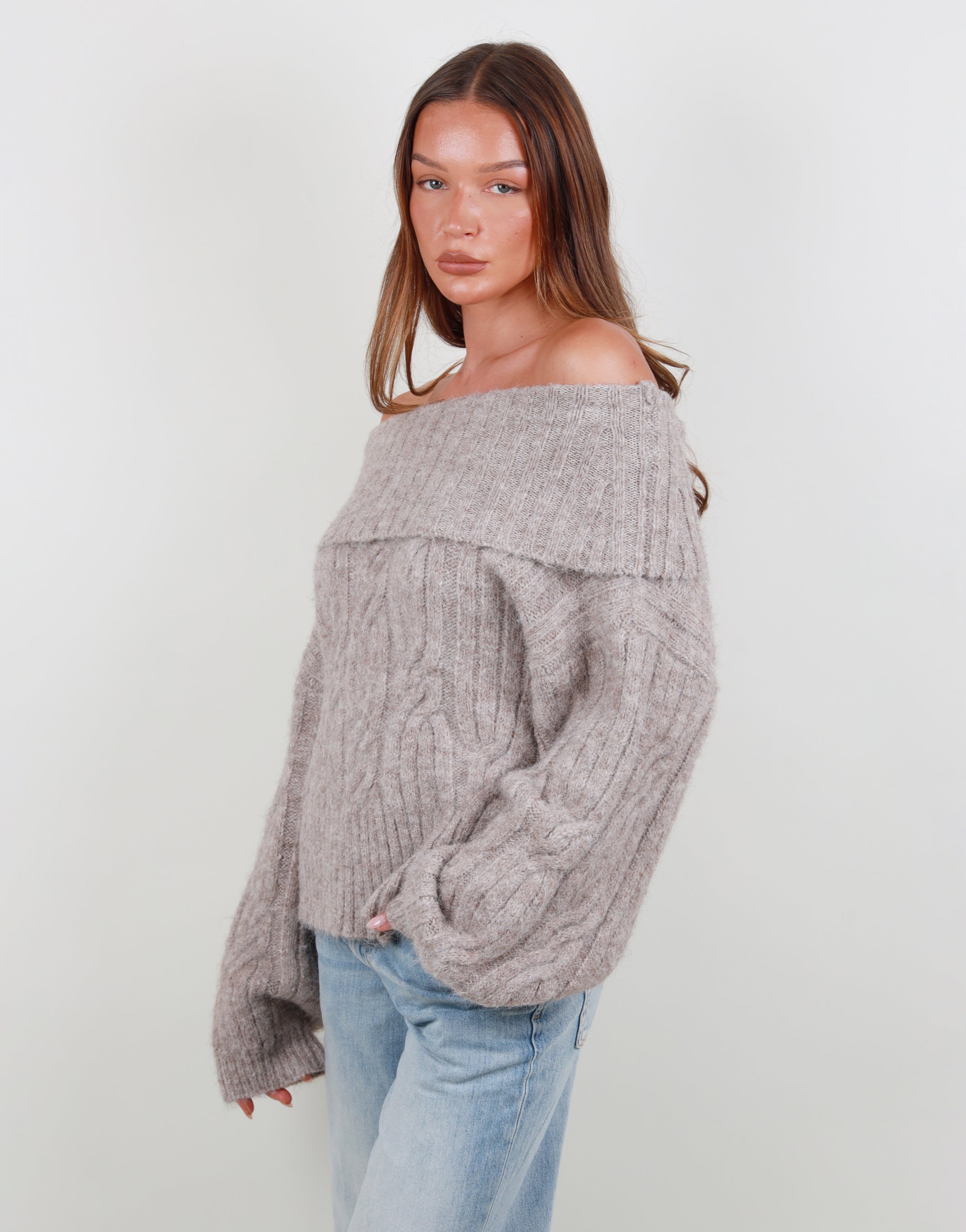 Tallulah Oversized Off Shoulder Top In Mocha | SIMMI London