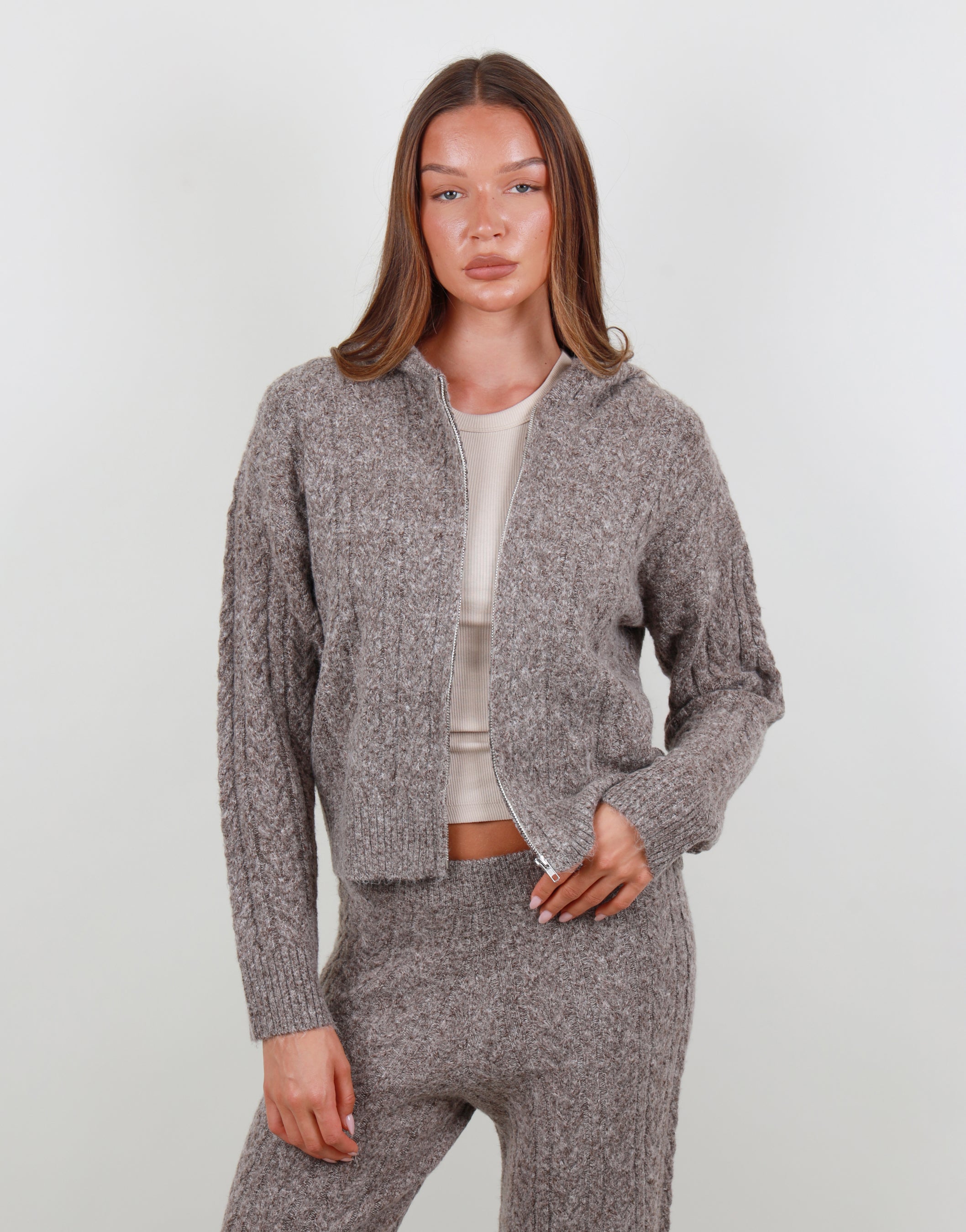 Daria Cable knit hoodie in beige | SIMMI London