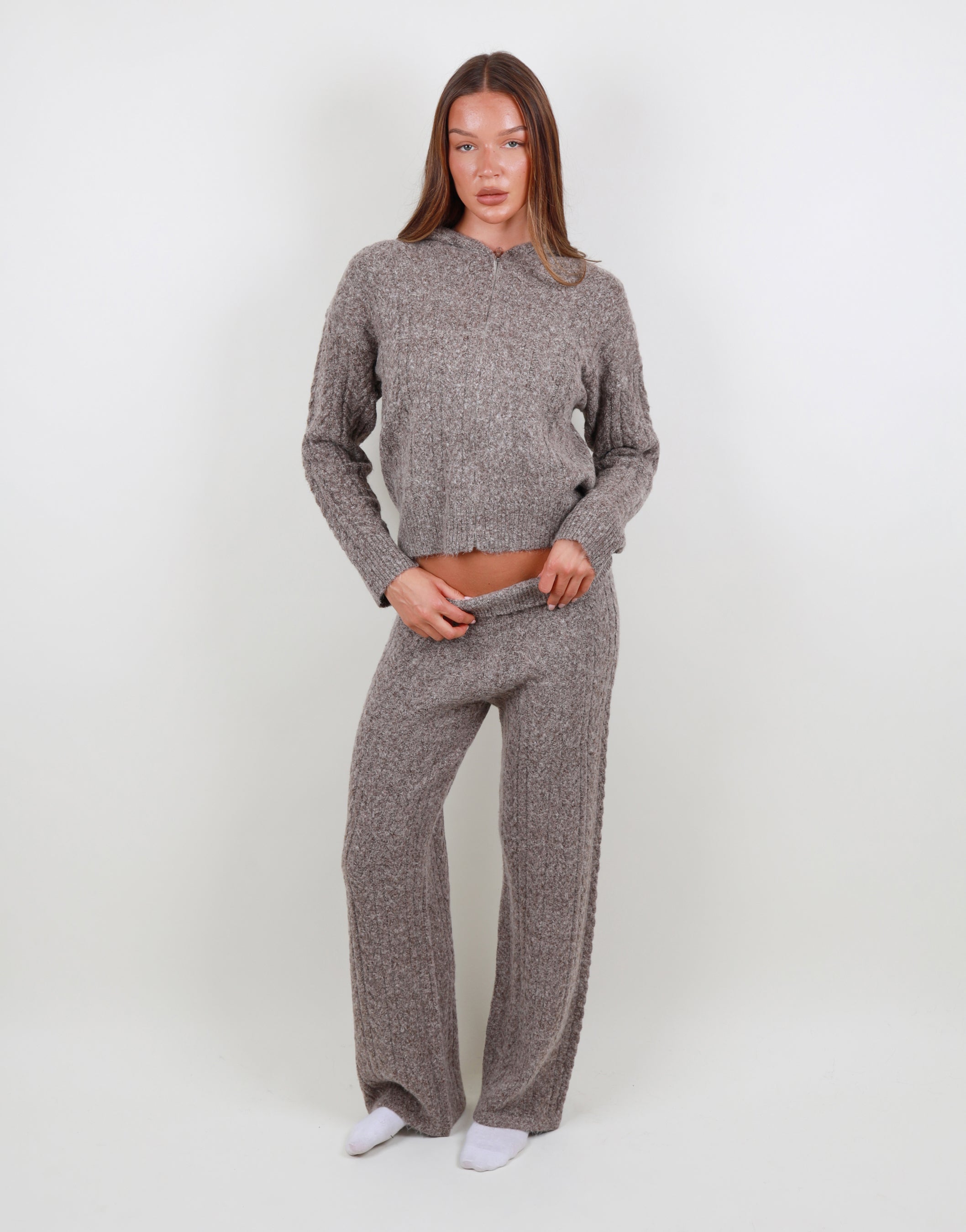Daria Cable knit hoodie in beige | SIMMI London