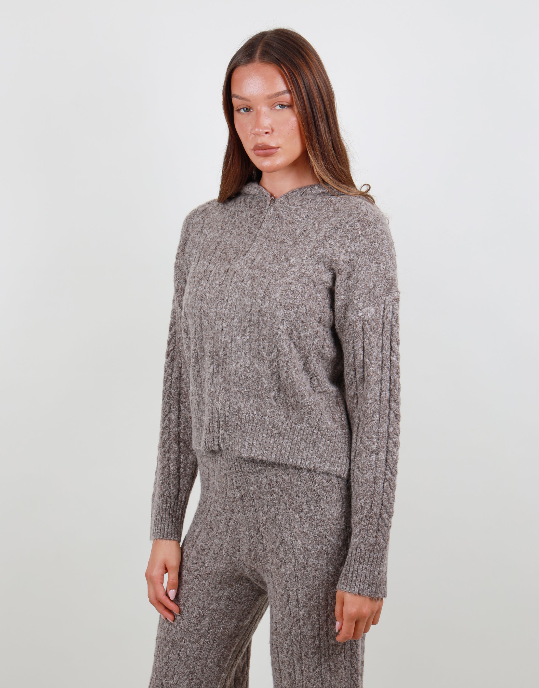 Daria Cable knit hoodie in beige | SIMMI London