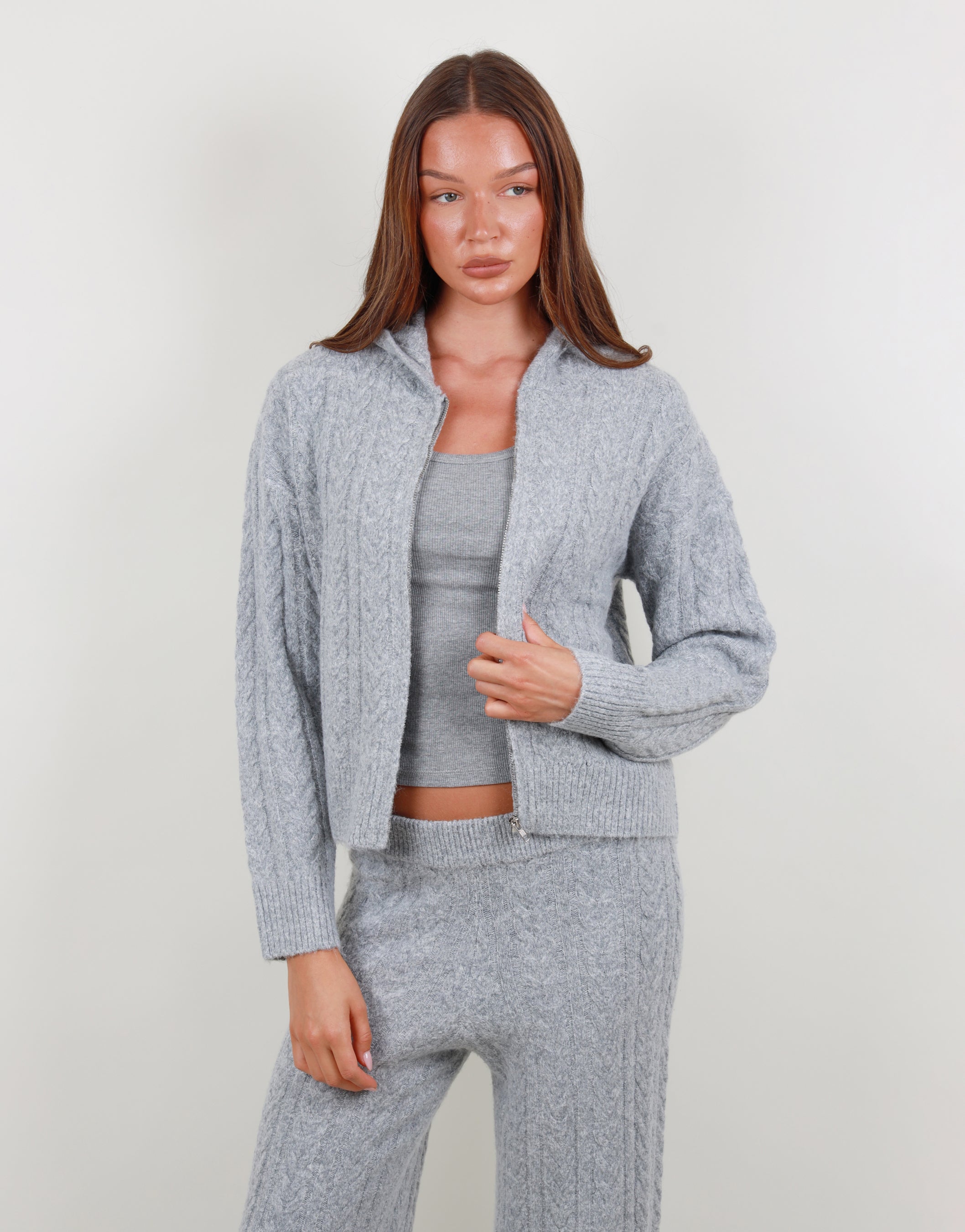Daria Cable knit hoodie in grey marl