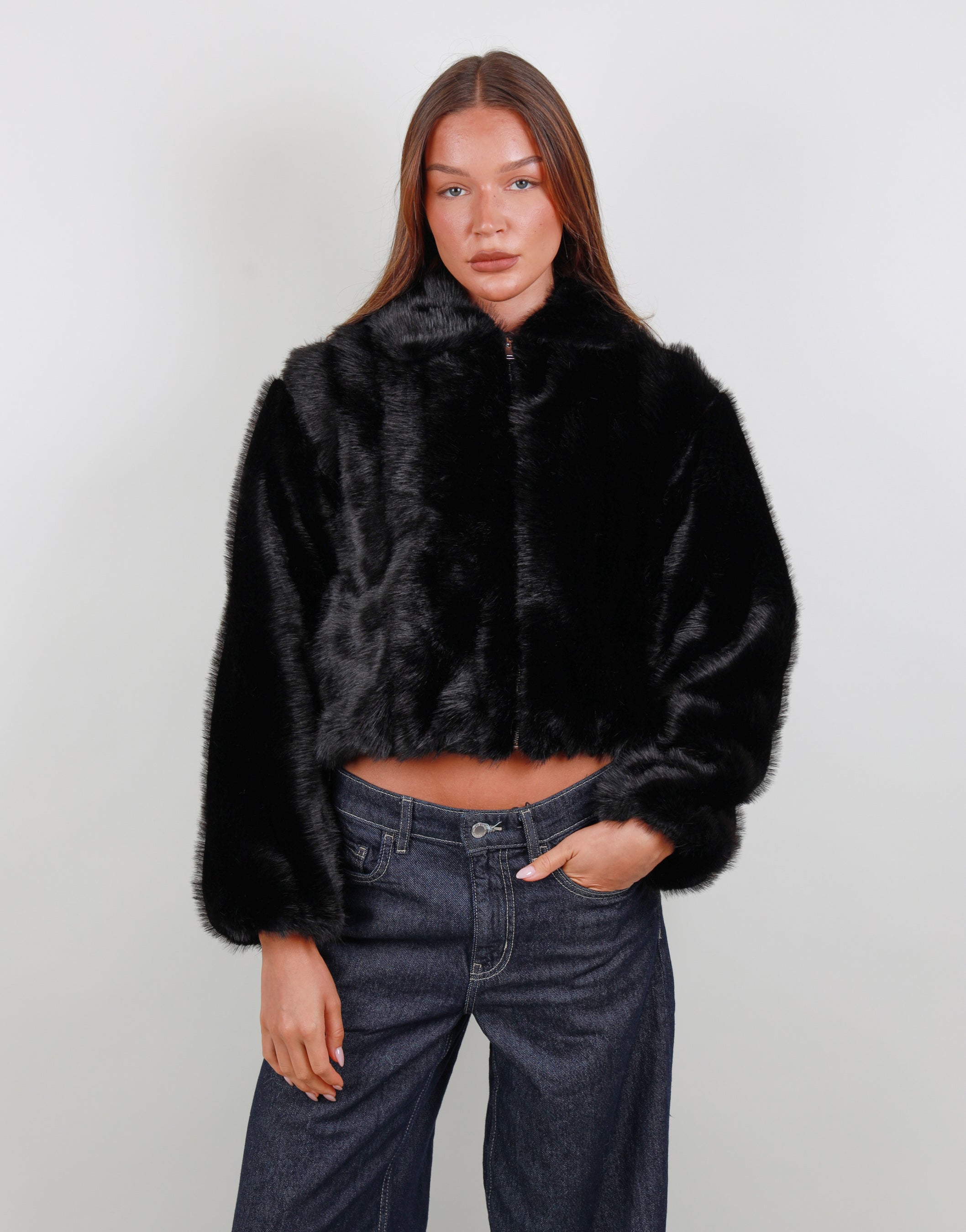 Amelie Two Tone Fur Bomber in black