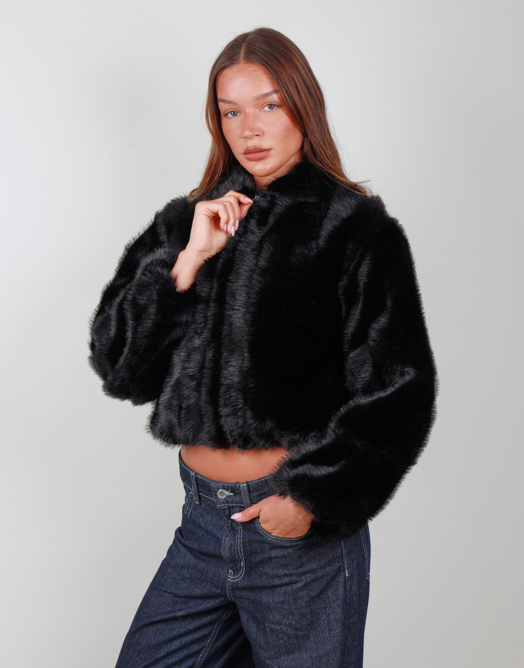 Amelie Two Tone Fur Bomber in black