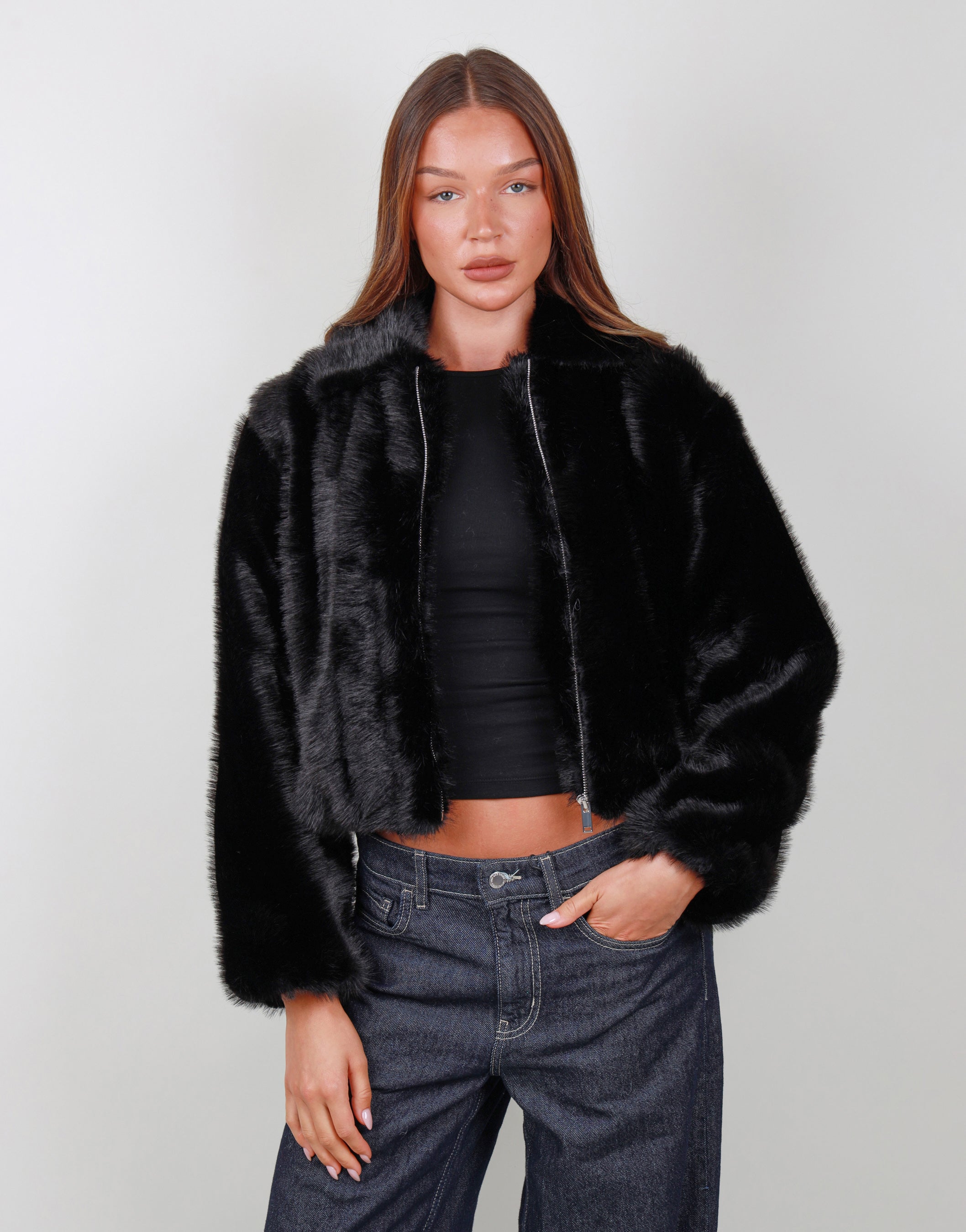 Amelie Two Tone Fur Bomber in black