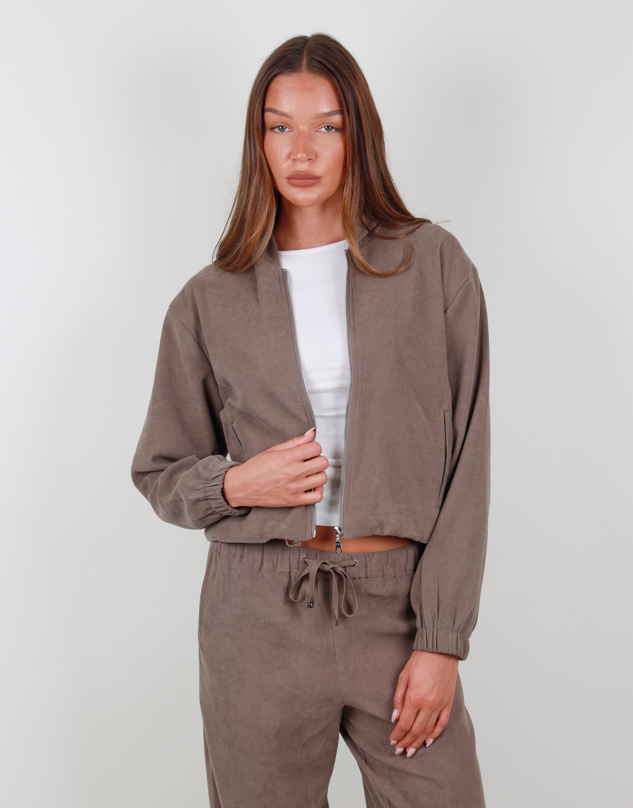 Aveline Suede Bomber Hoodie in Mocha | SIMMI London
