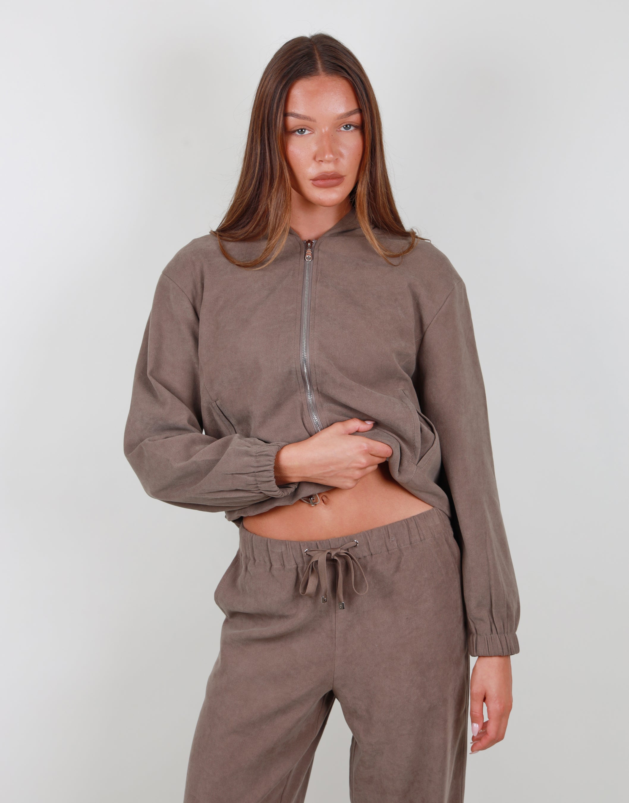 Aveline Suede Bomber Hoodie in Mocha | SIMMI London
