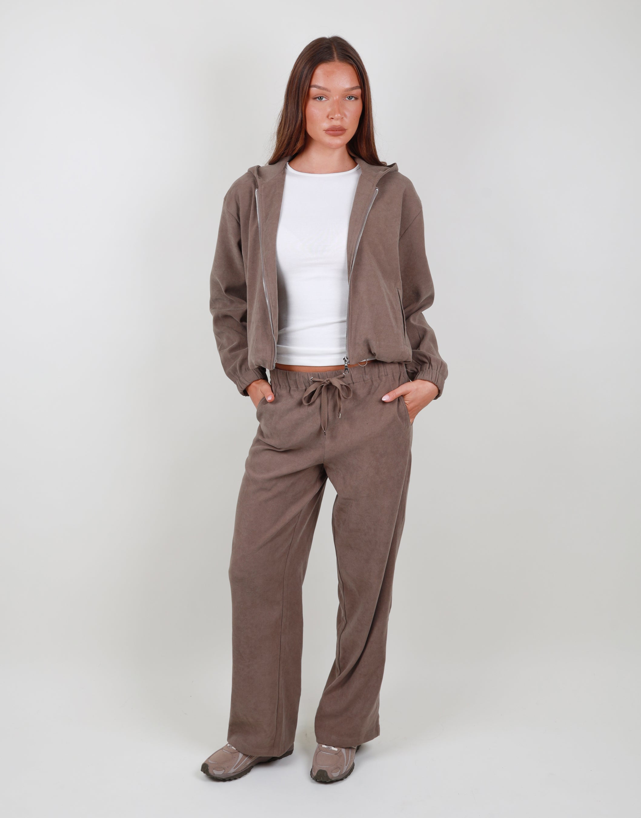 Aveline Suede Bomber Hoodie in Mocha | SIMMI London