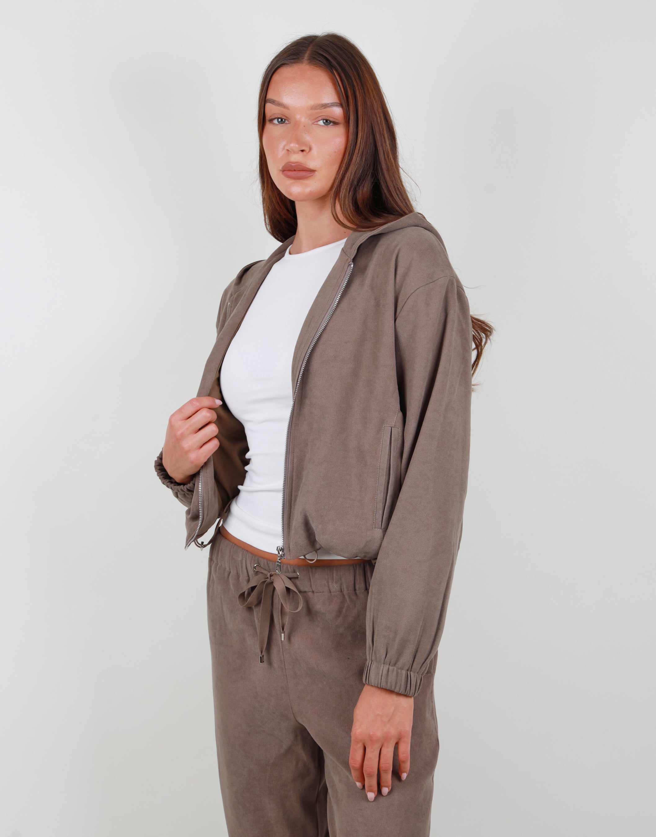 Aveline Suede Bomber Hoodie in Mocha | SIMMI London