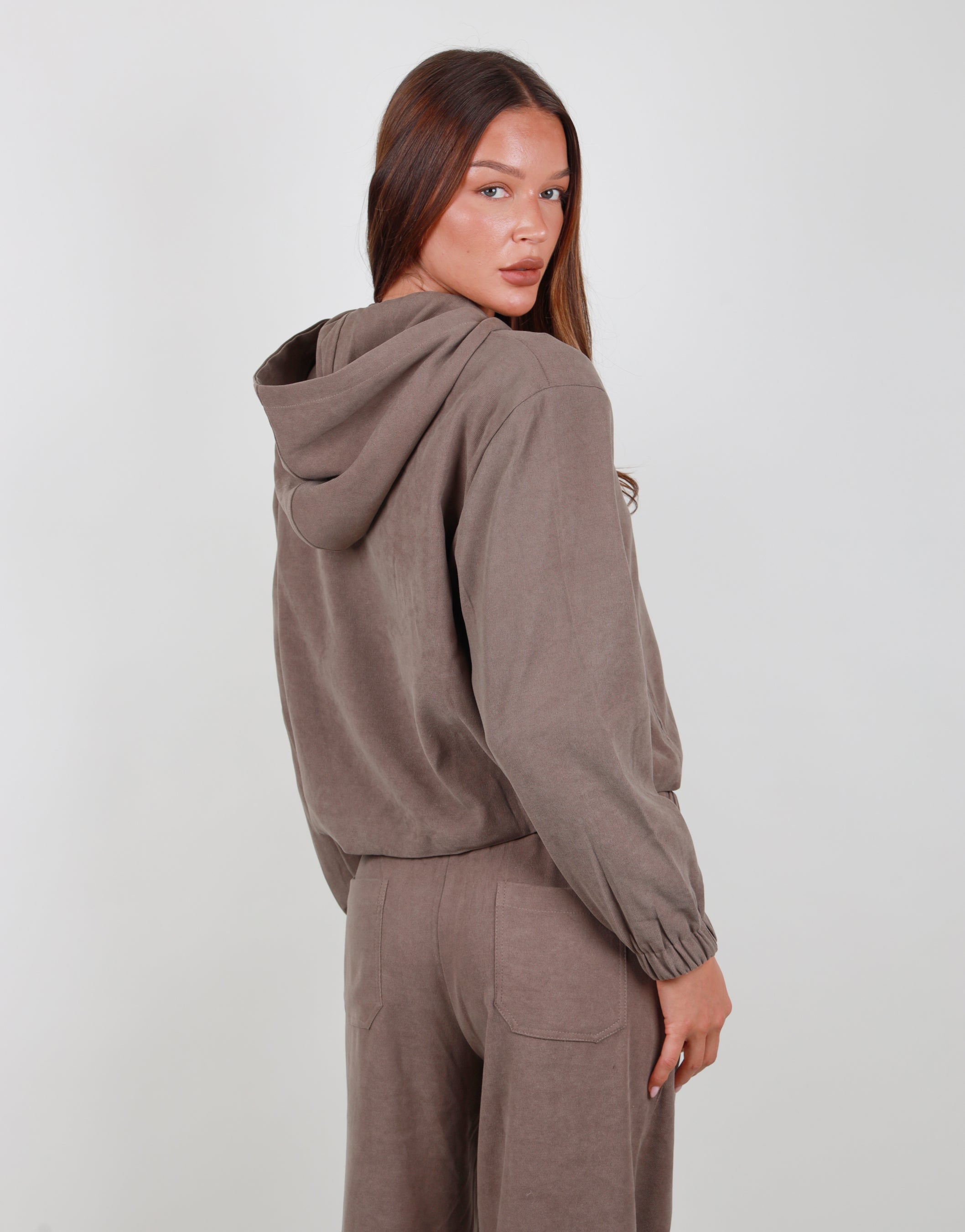 Aveline Suede Bomber Hoodie in Mocha | SIMMI London