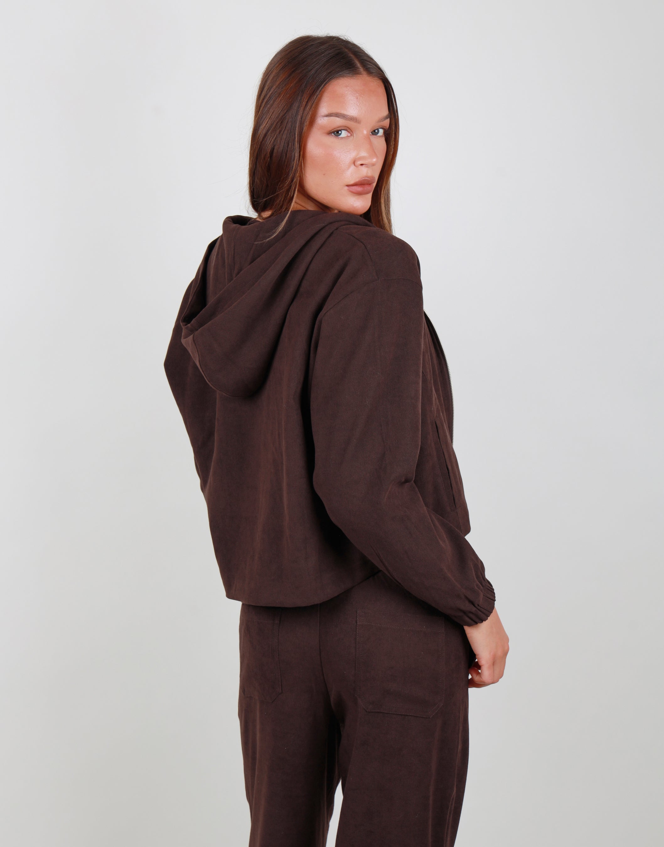 Aveline Suede Bomber Hoodie in Brown | SIMMI London