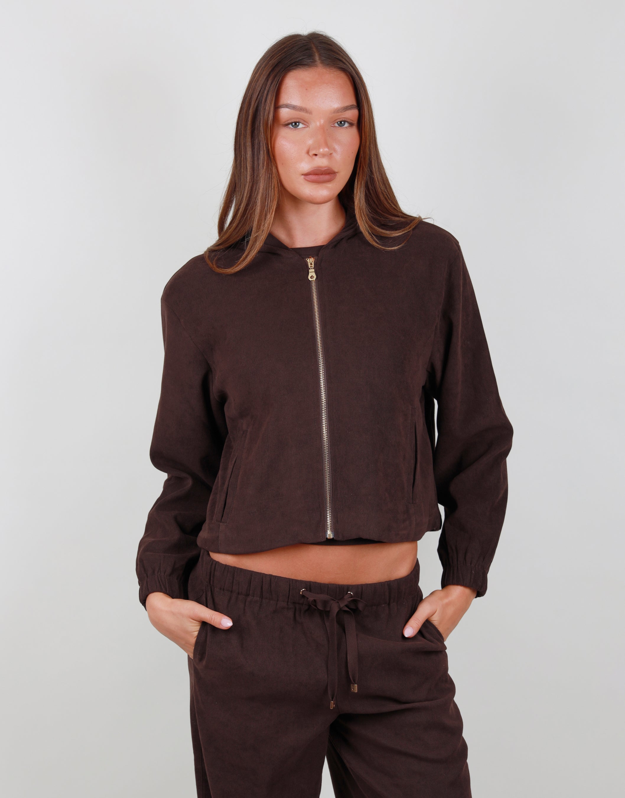 Aveline Suede Bomber Hoodie in Brown | SIMMI London