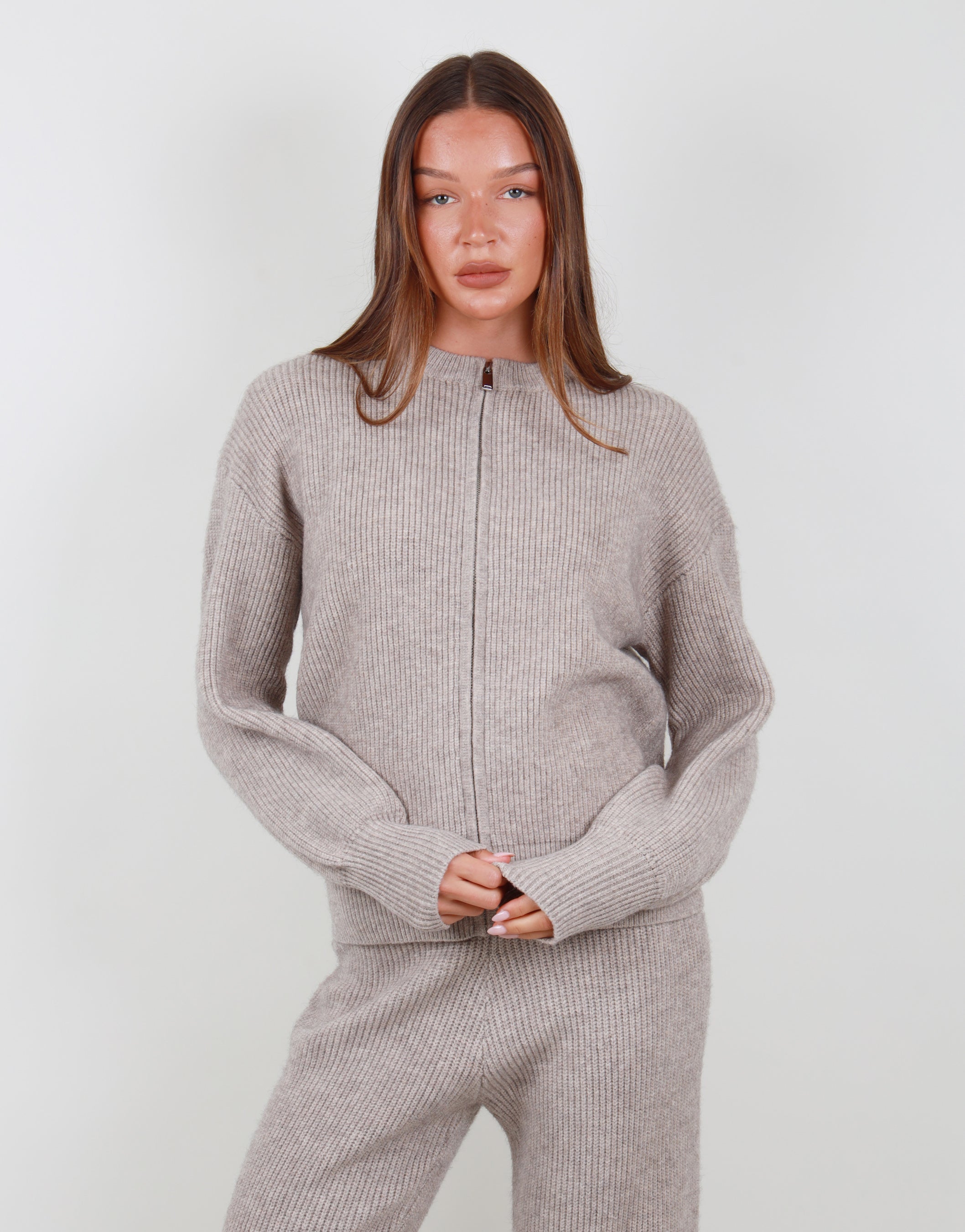 Lily Simmi Studios Ribbed Zip Crew neck sweatshirt in beige