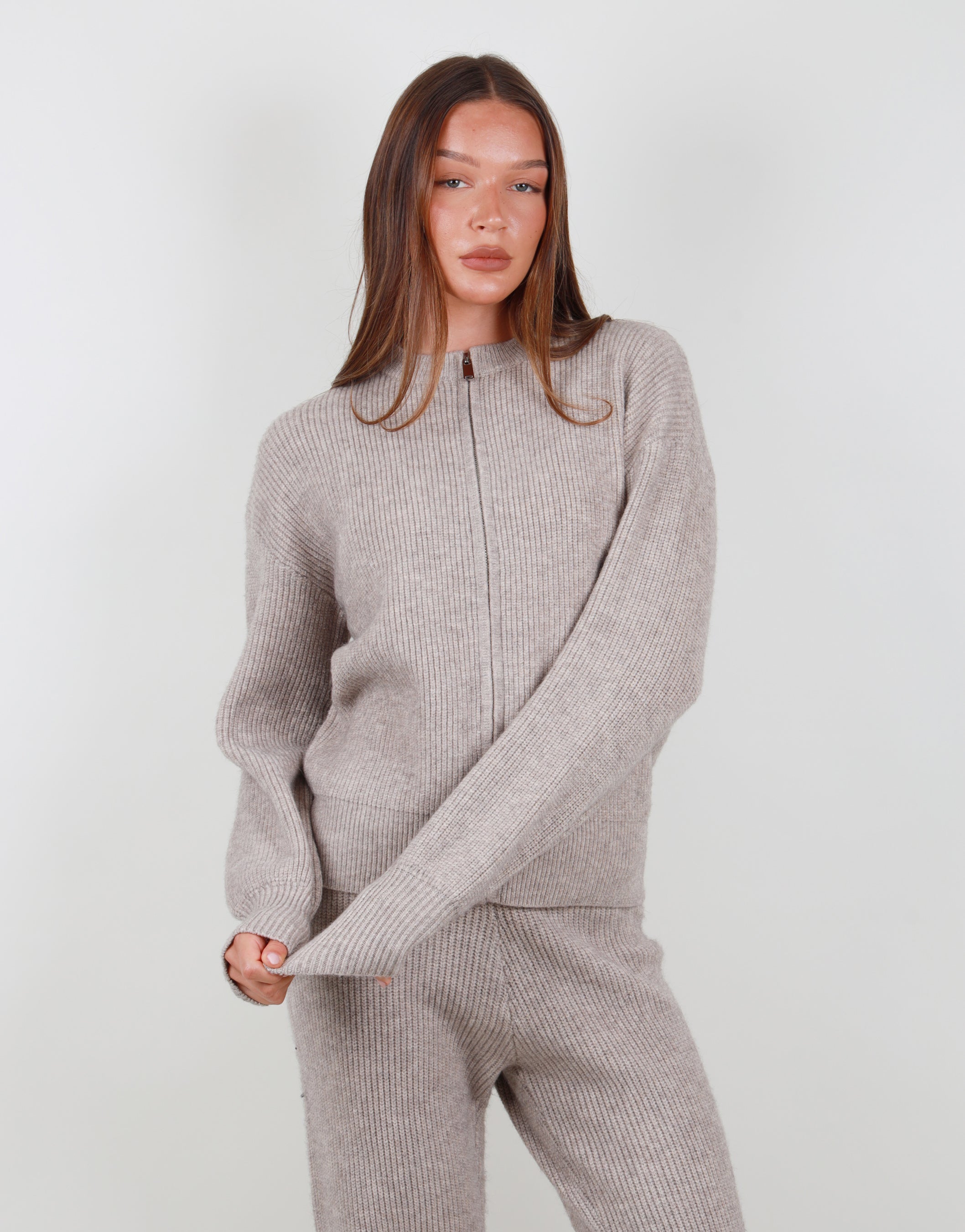 Lily Simmi Studios Ribbed Zip Crew neck sweatshirt in beige