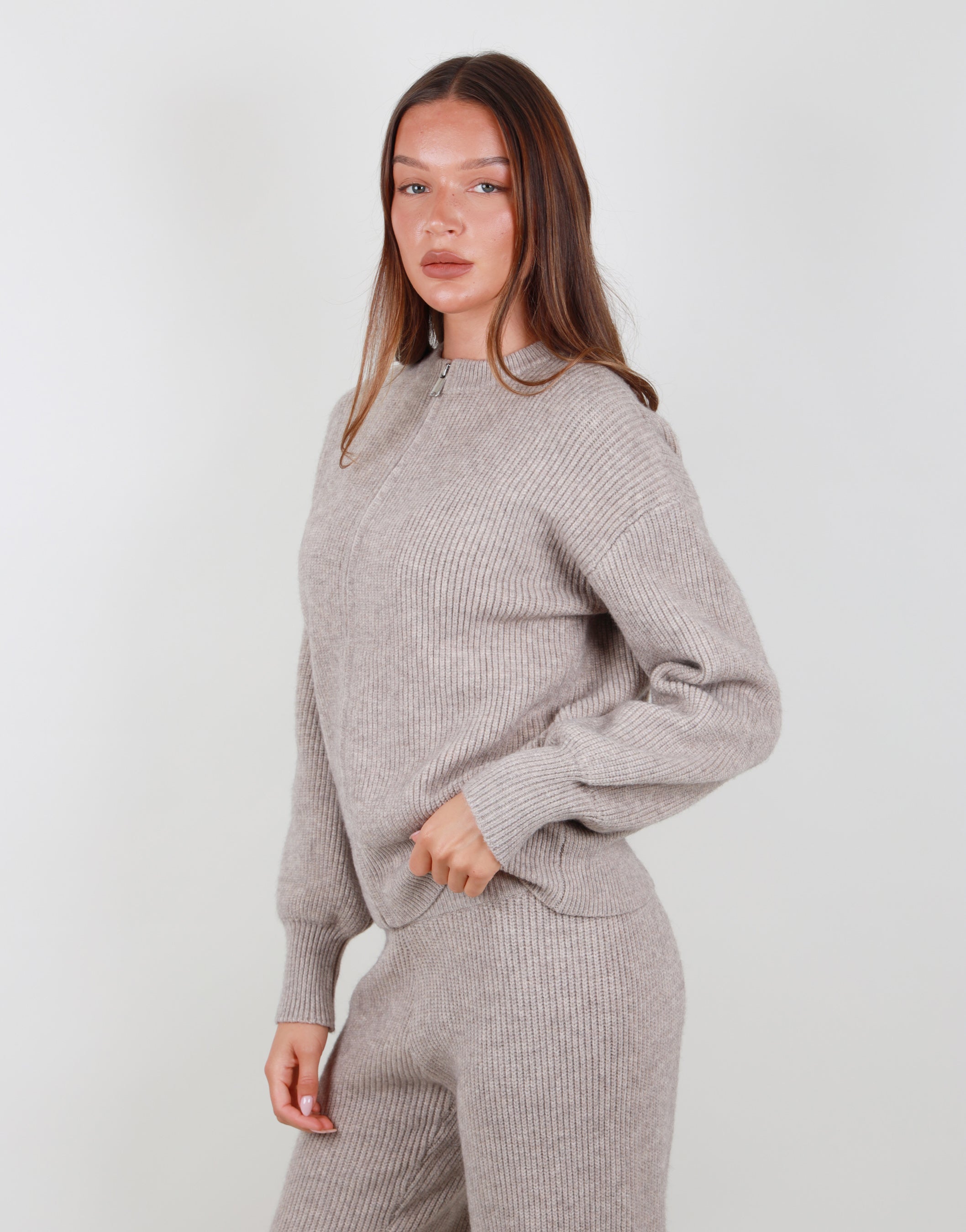 Lily Simmi Studios Ribbed Zip Crew neck sweatshirt in beige