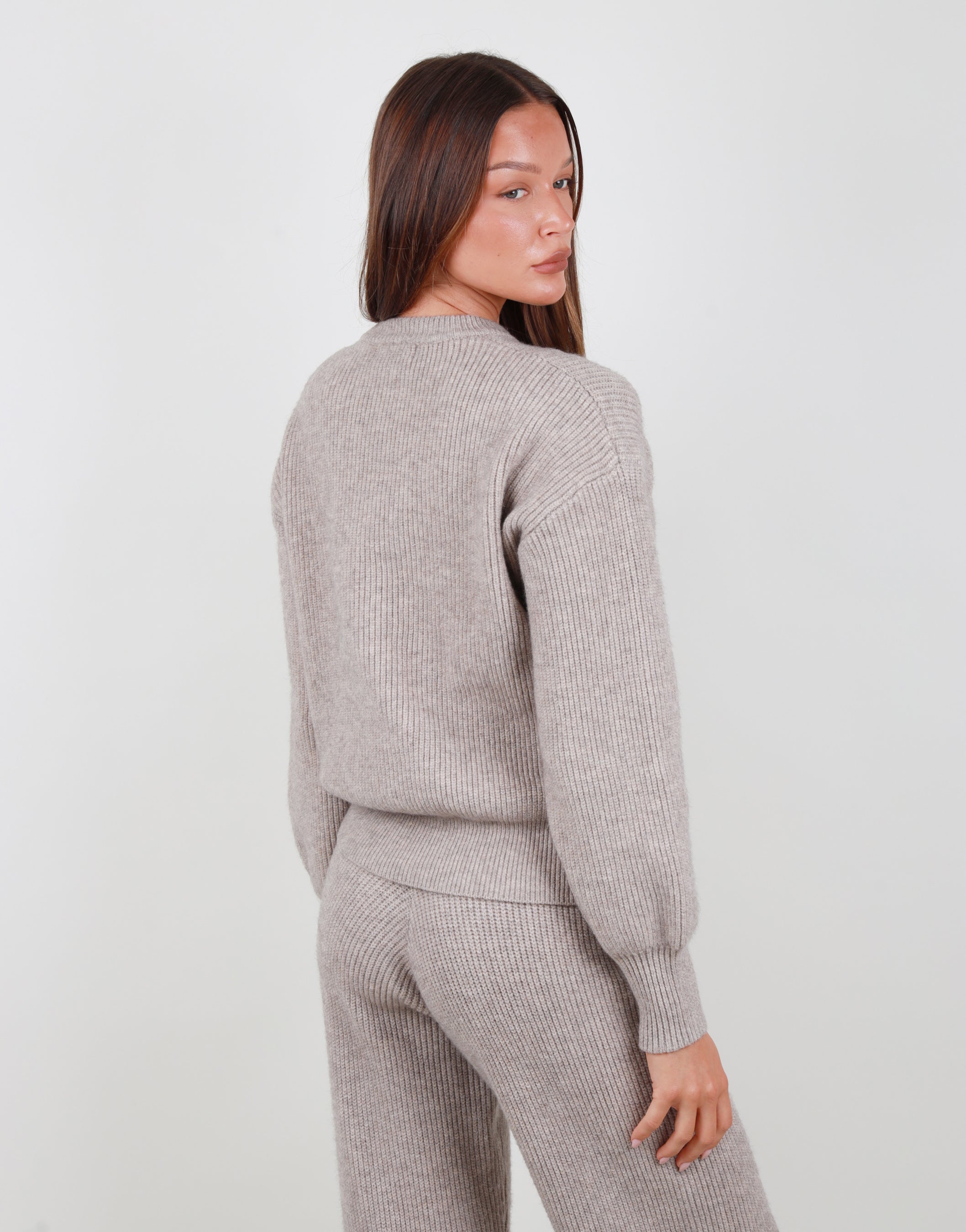 Lily Simmi Studios Ribbed Zip Crew neck sweatshirt in beige