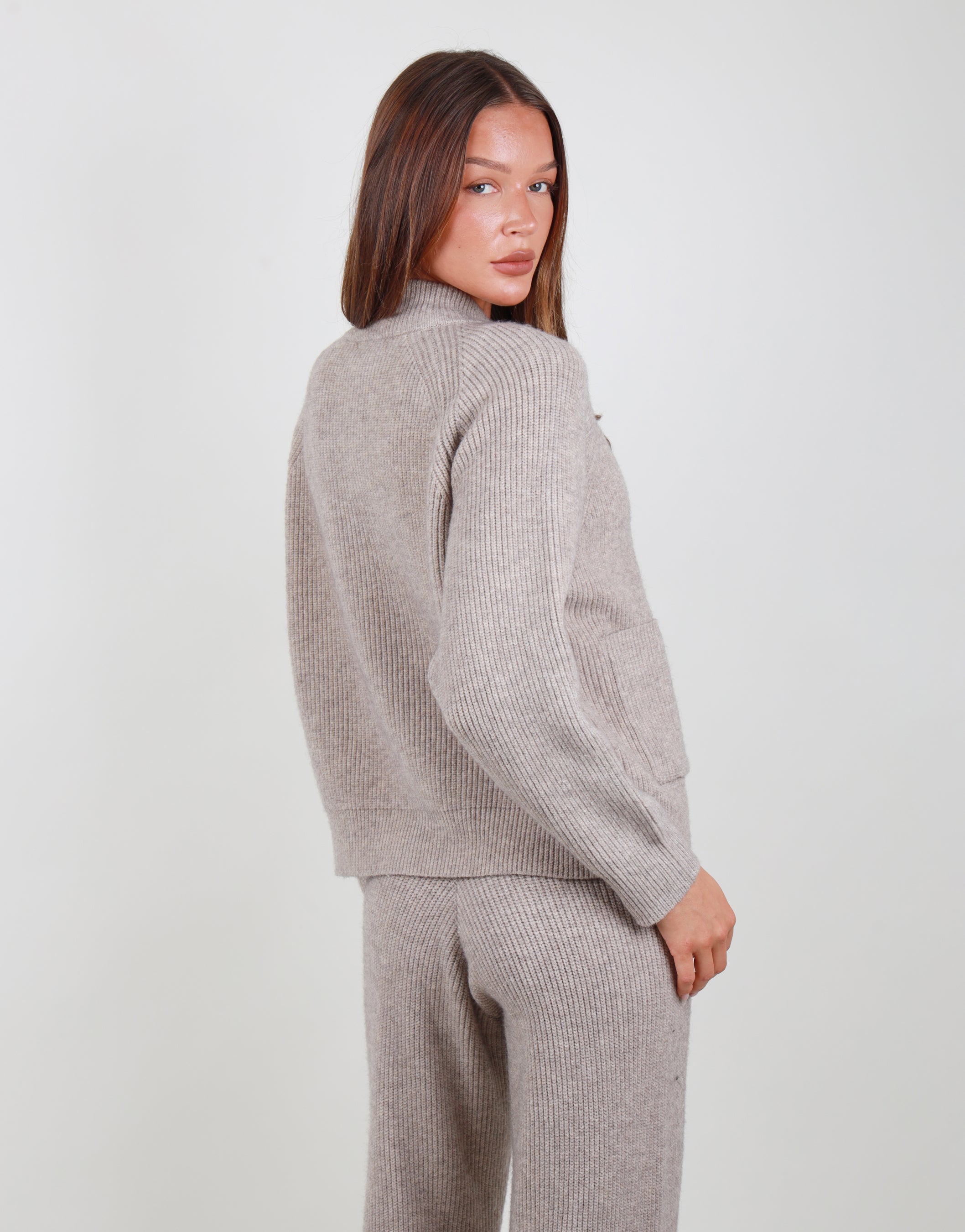 Celeste Ribbed Zip funnel neck sweatshirt in beige | SIMMI London