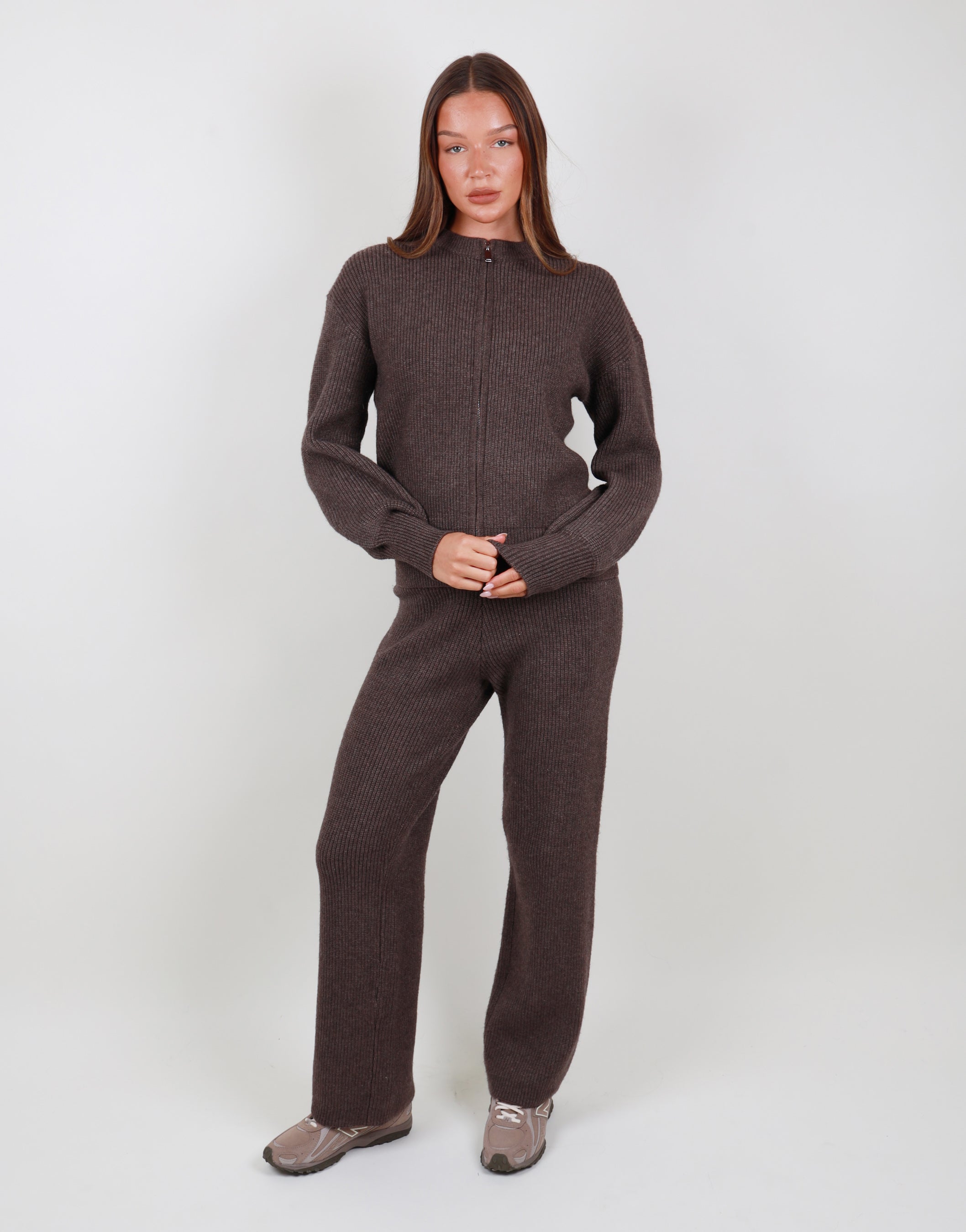 Lily Simmi Studios Ribbed Zip Crew Neck Sweatshirt In Light Brown