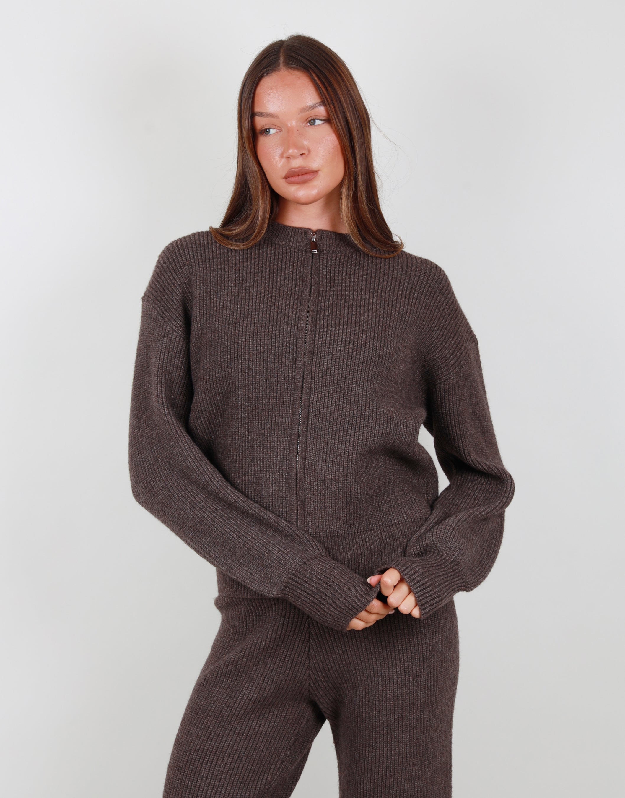 Lily Simmi Studios Ribbed Zip Crew Neck Sweatshirt In Light Brown