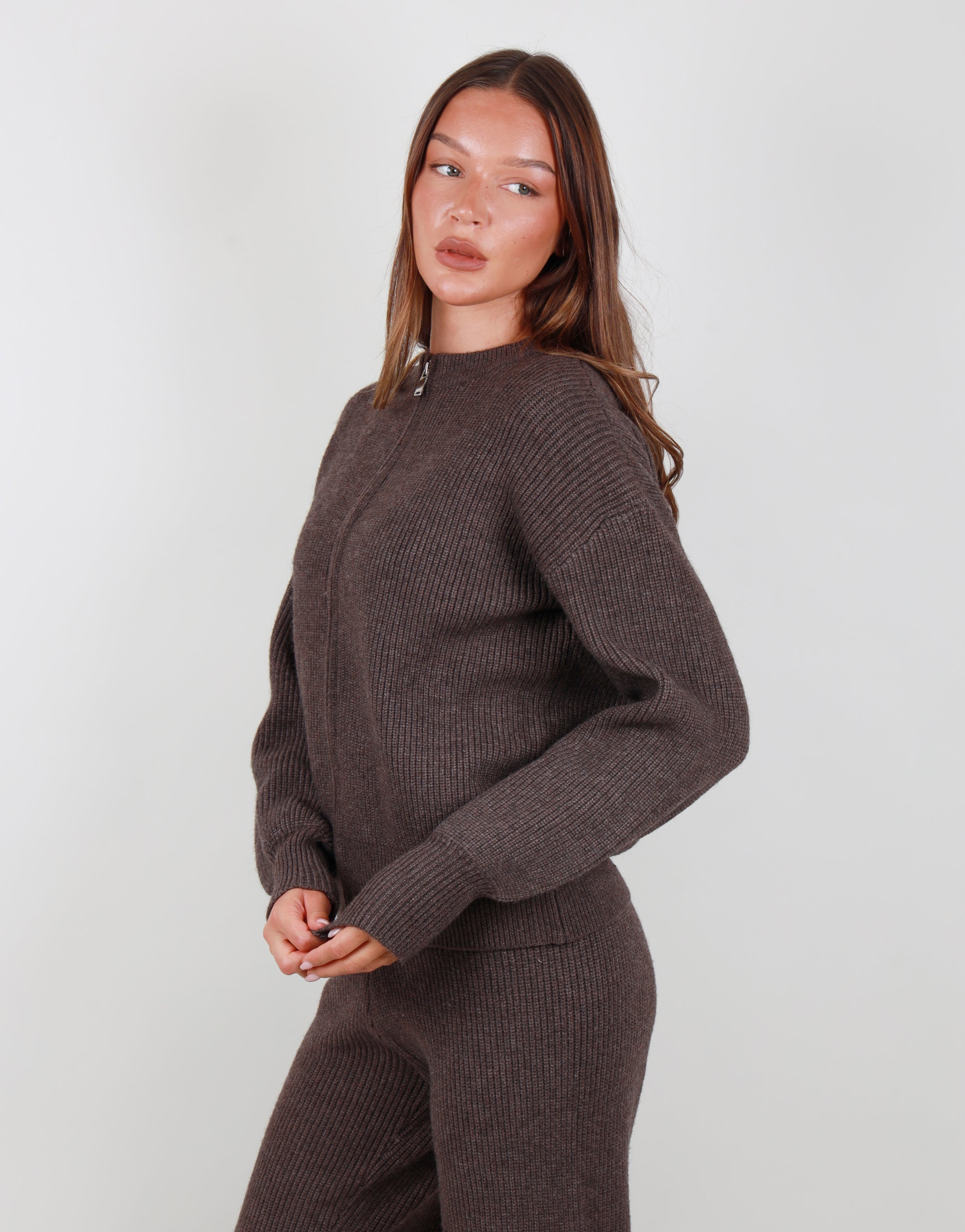 Lily Simmi Studios Ribbed Zip Crew Neck Sweatshirt In Light Brown
