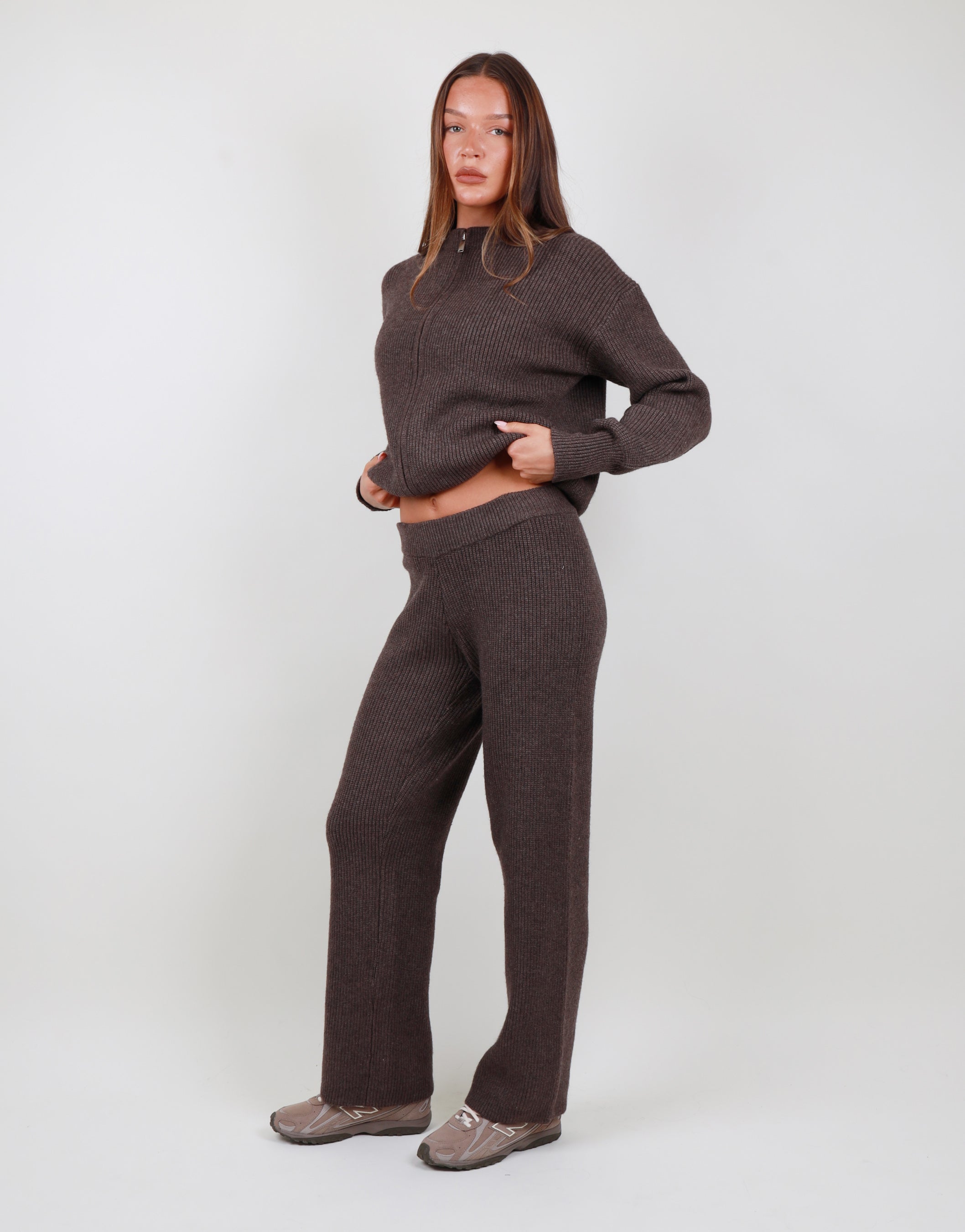 Lily Simmi Studios Ribbed Knitted Trousers In Light Brown