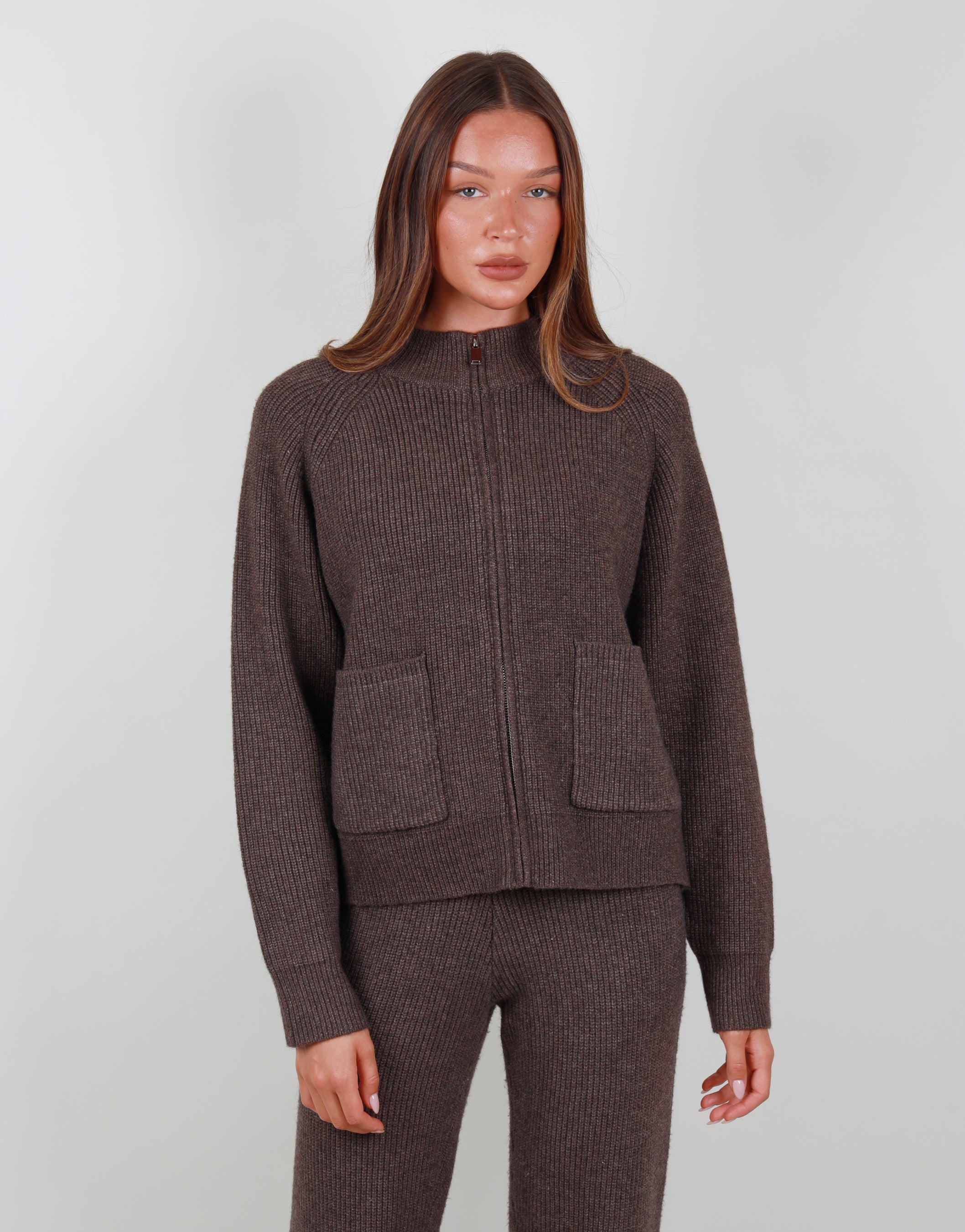 Celeste Ribbed Zip funnel neck sweatshirt in Brown | SIMMI London