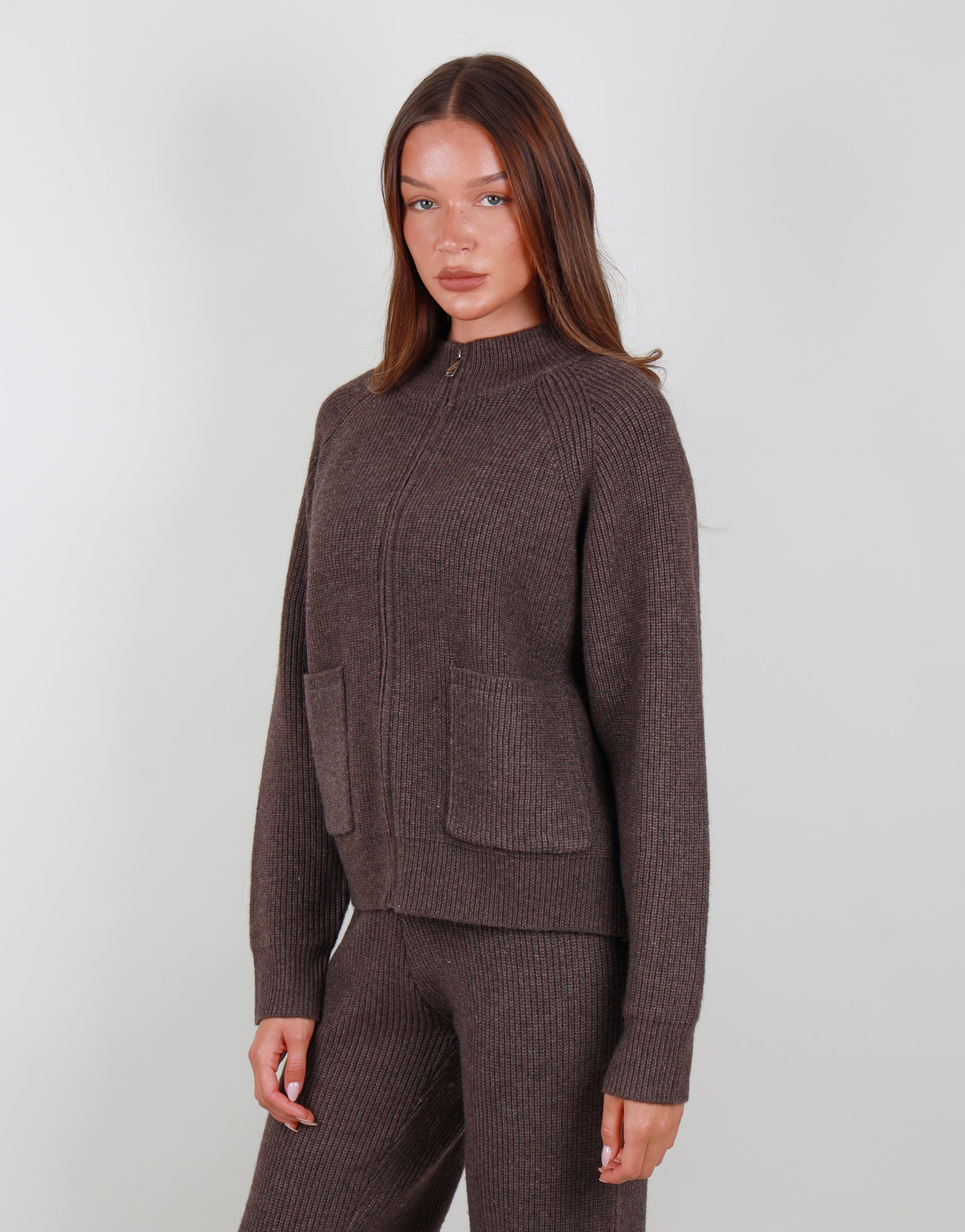 Celeste Ribbed Zip funnel neck sweatshirt in Brown | SIMMI London
