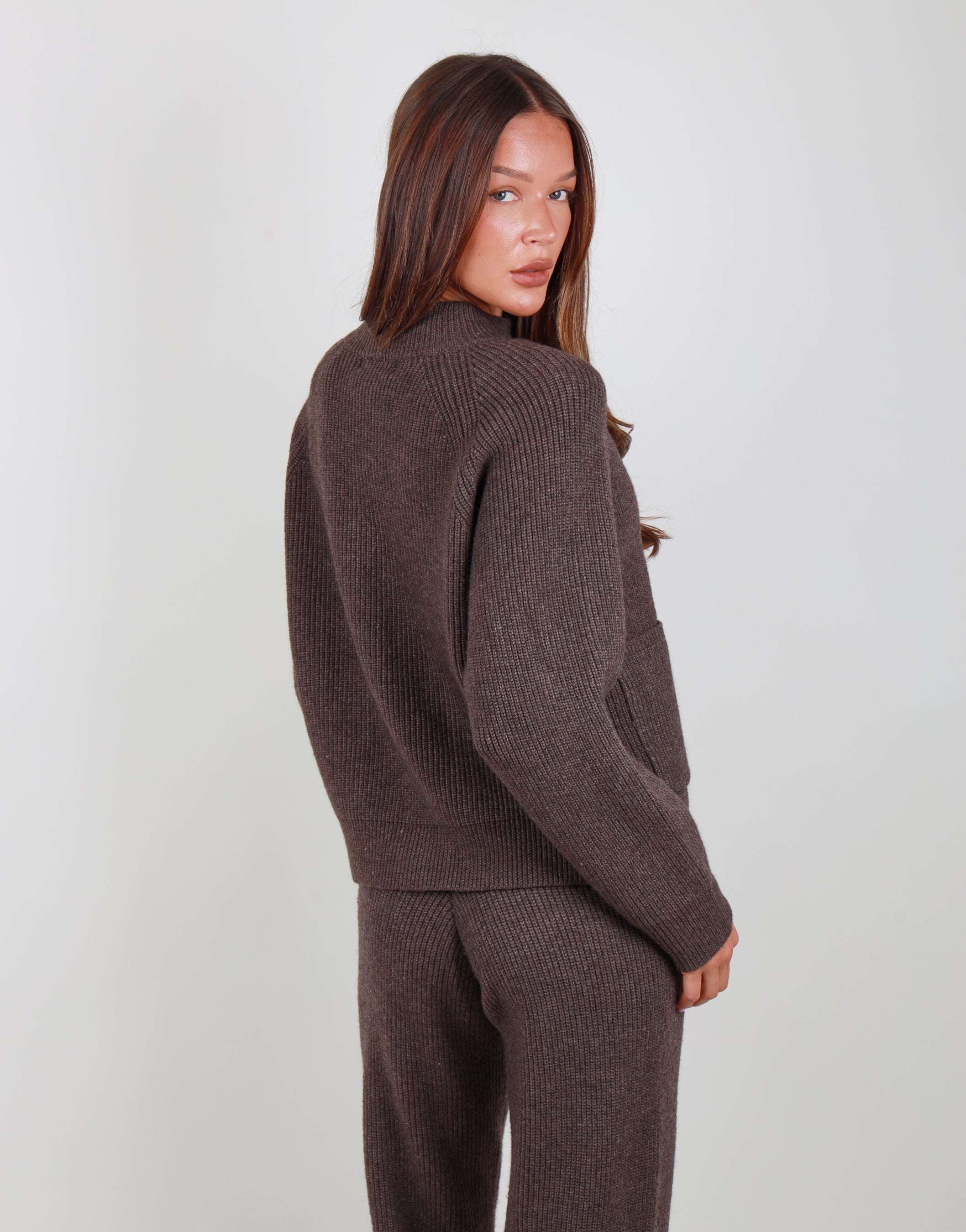 Celeste Ribbed Zip funnel neck sweatshirt in Brown | SIMMI London