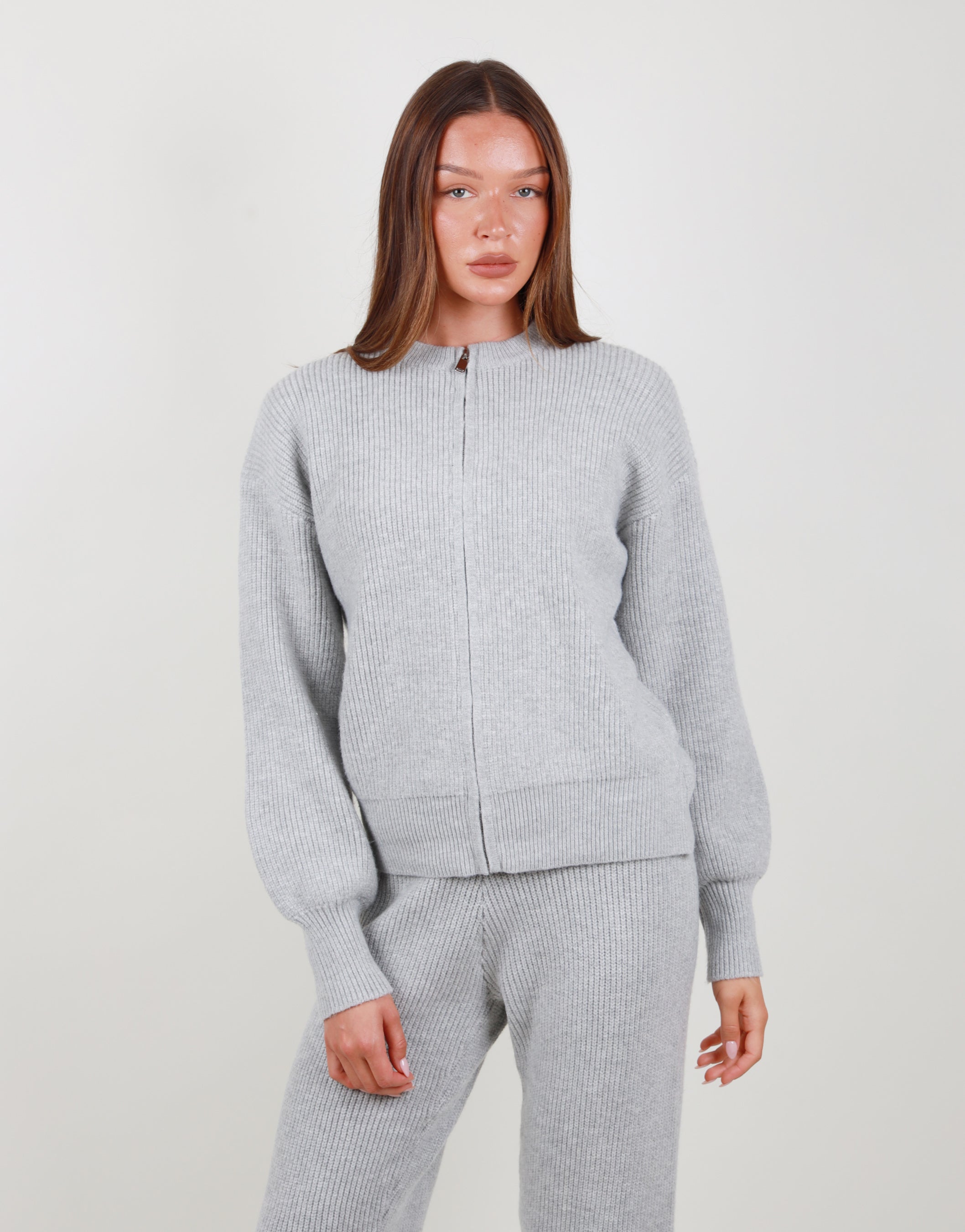 Lily Simmi Studios Ribbed Zip Crew Neck Sweatshirt In Grey Marl