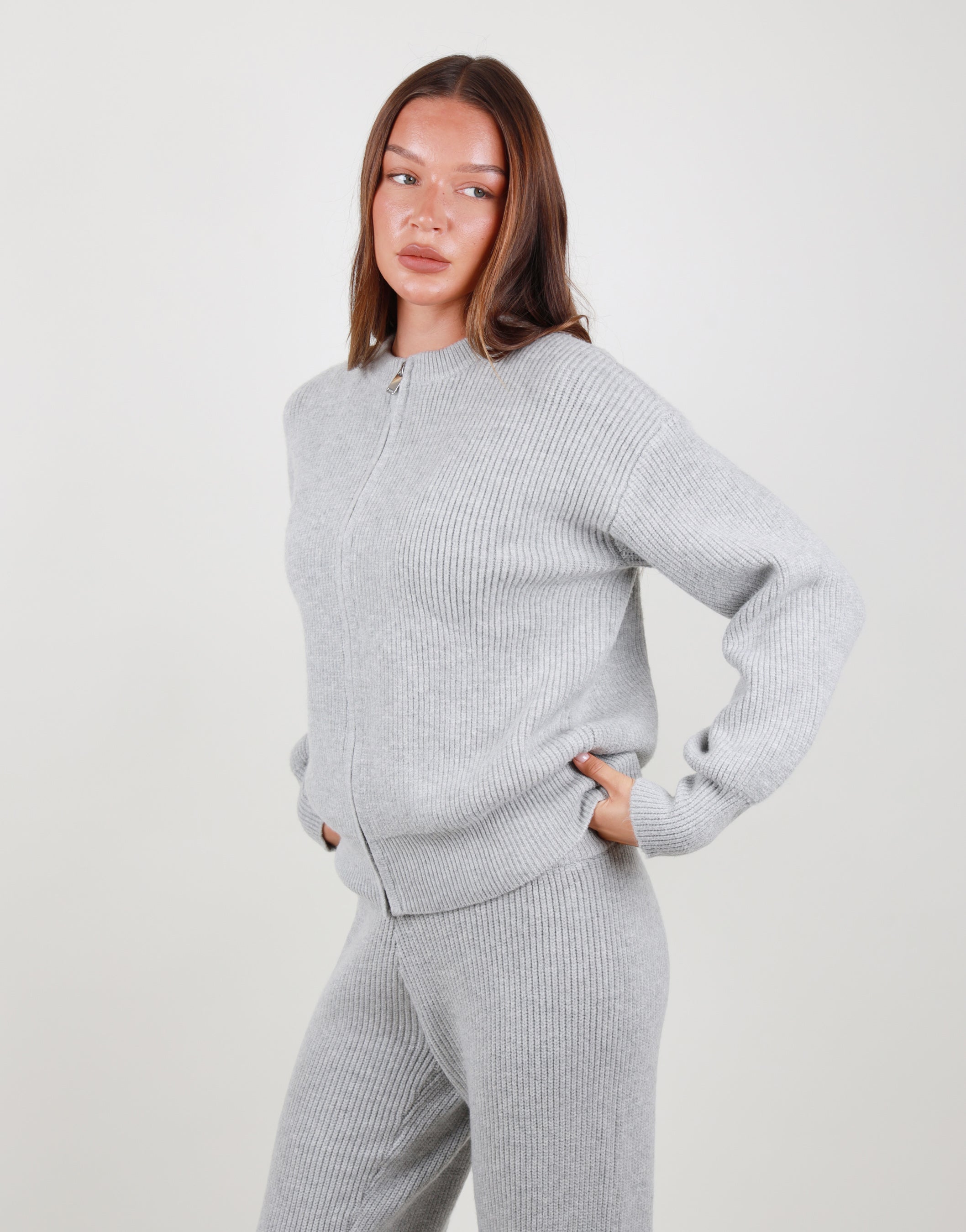 Lily Simmi Studios Ribbed Zip Crew Neck Sweatshirt In Grey Marl