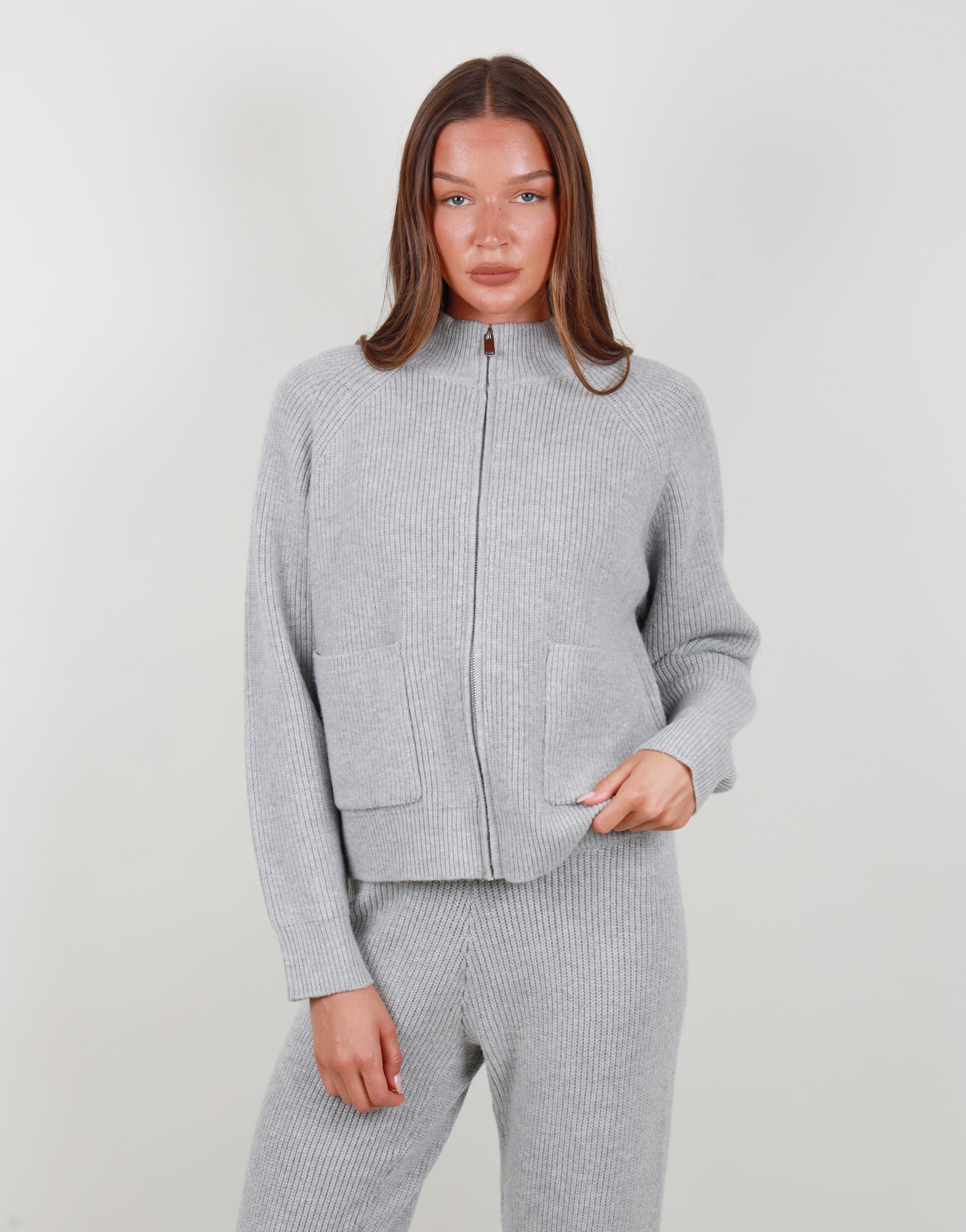 Celeste Ribbed Zip funnel neck sweatshirt in grey marl | SIMMI London