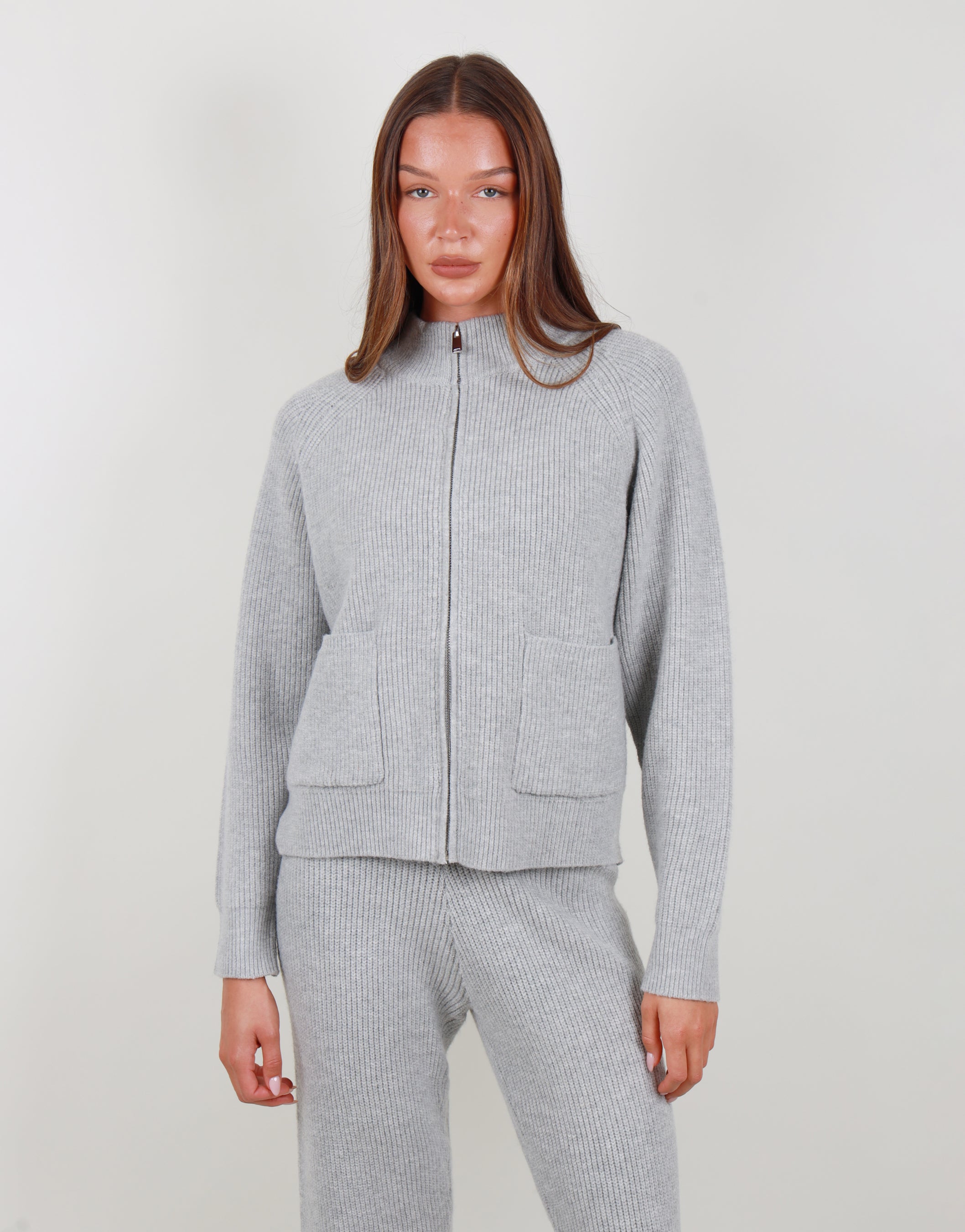 Celeste Ribbed Zip funnel neck sweatshirt in grey marl | SIMMI London