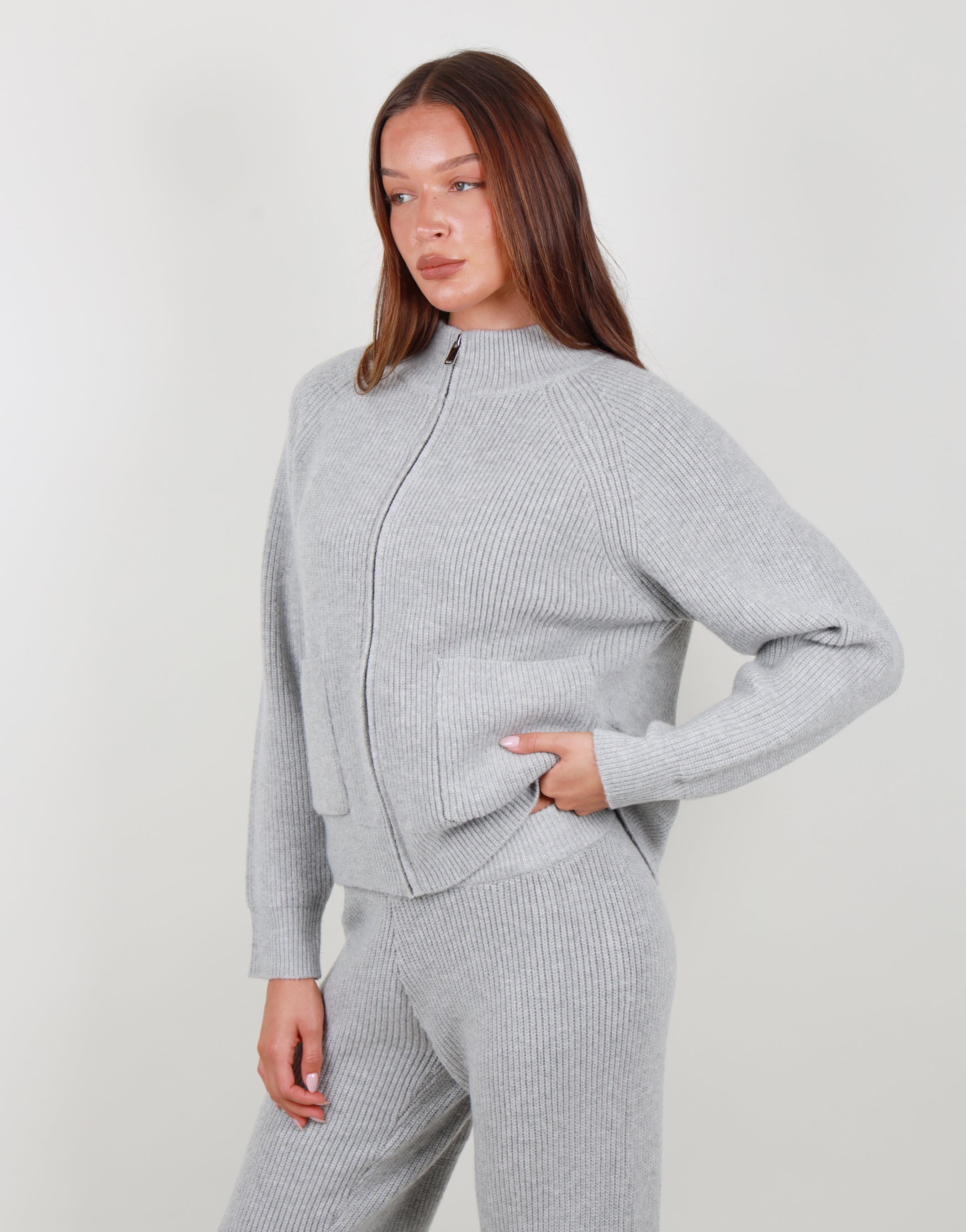 Celeste Ribbed Zip funnel neck sweatshirt in grey marl | SIMMI London