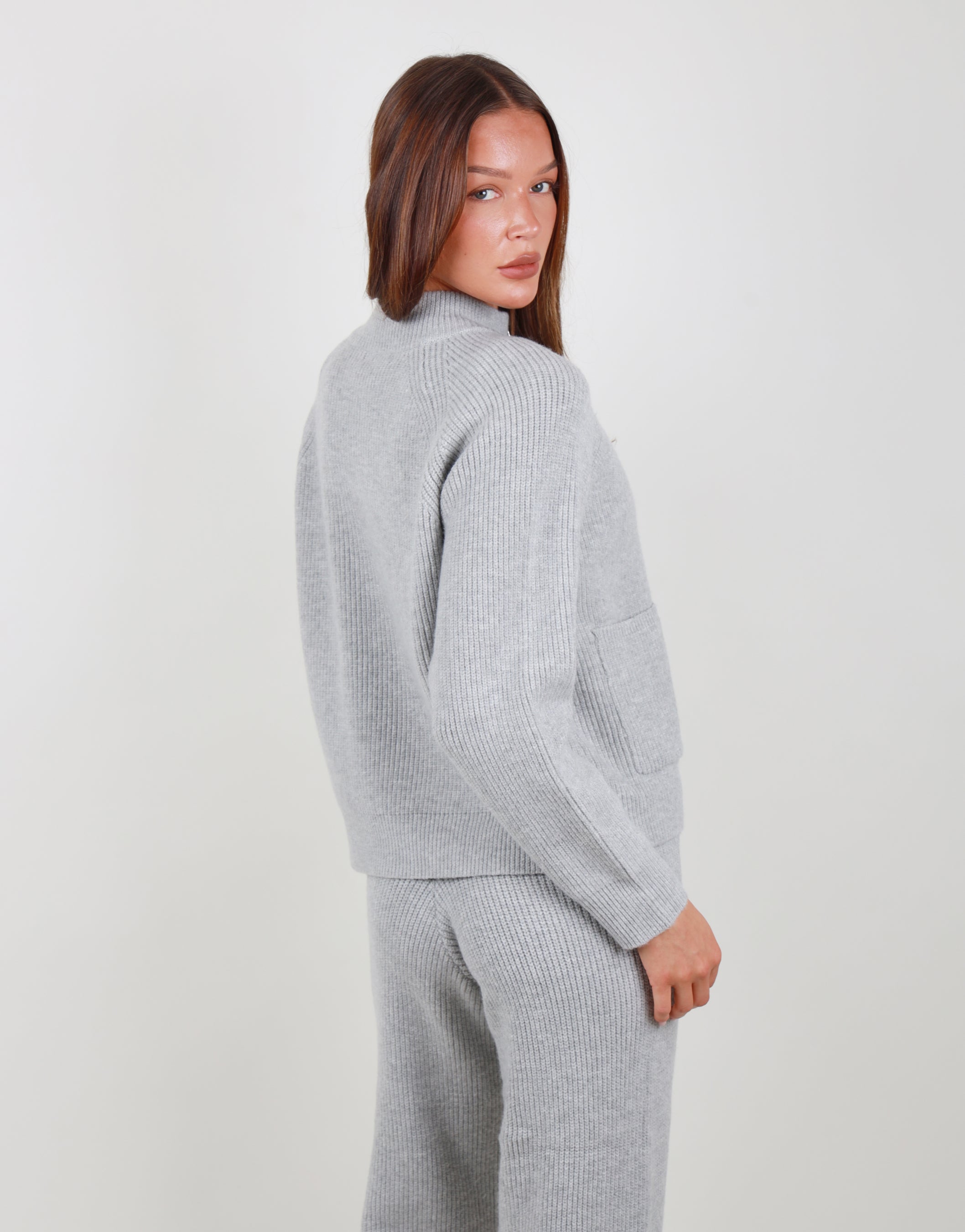 Celeste Ribbed Zip funnel neck sweatshirt in grey marl | SIMMI London