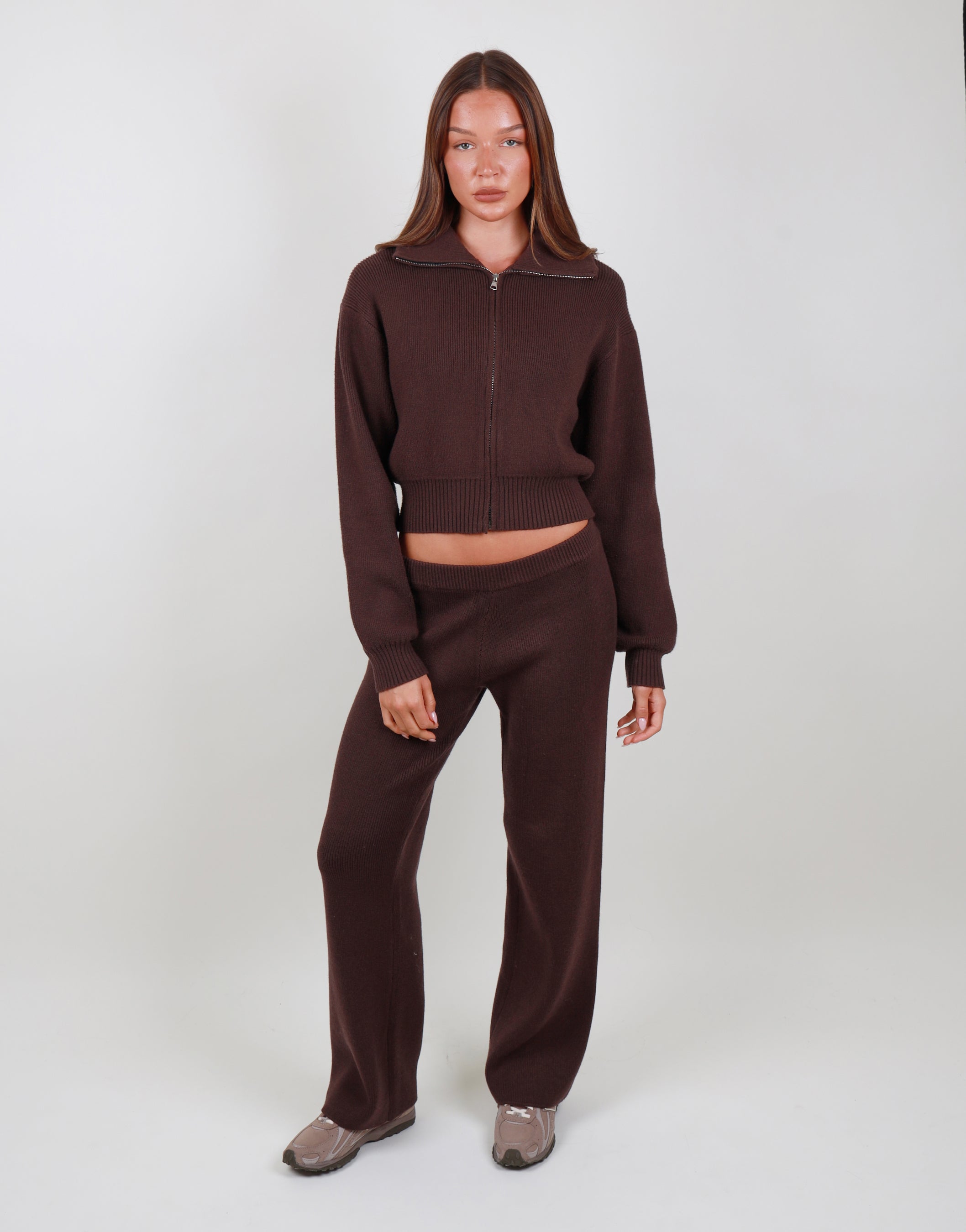 Estelle Collared Knit Zip through in brown | SIMMI London
