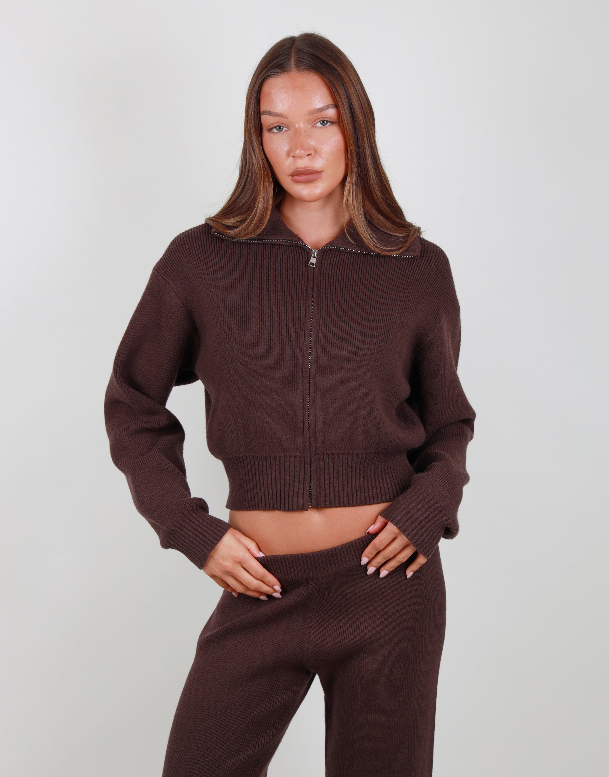 Estelle Collared Knit Zip through in brown | SIMMI London