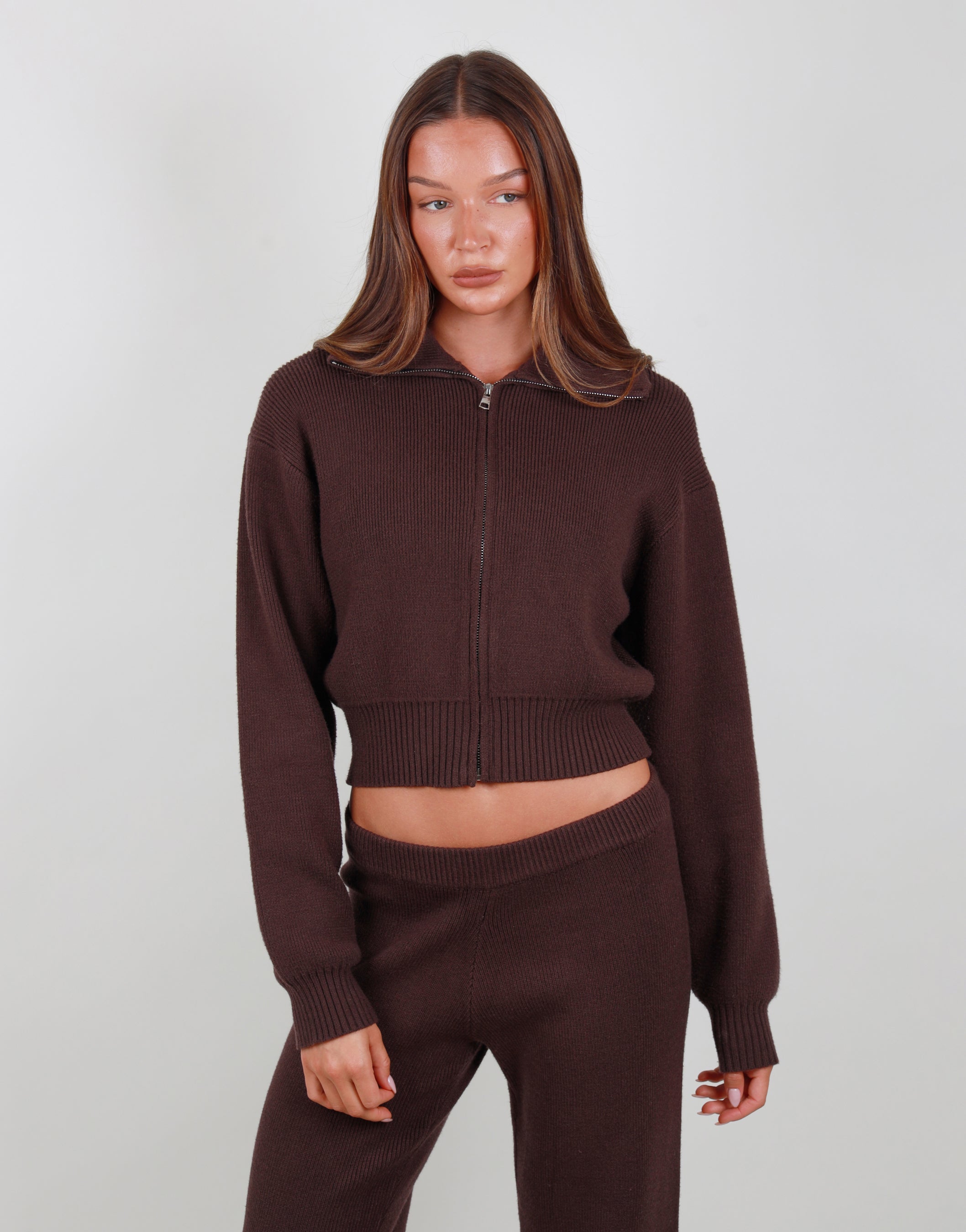 Estelle Collared Knit Zip through in brown | SIMMI London