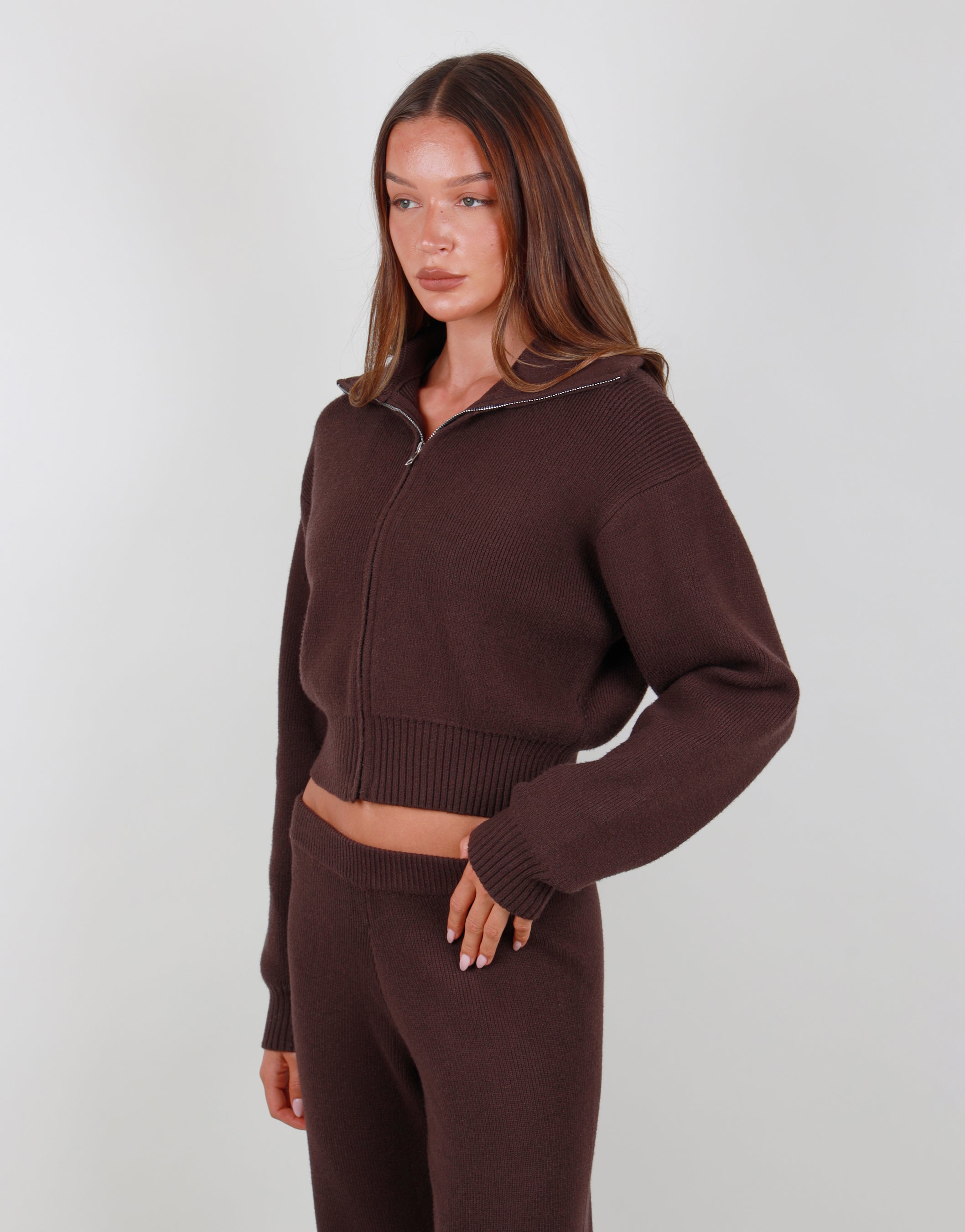 Collared Knit Zip through in brown | SIMMI London