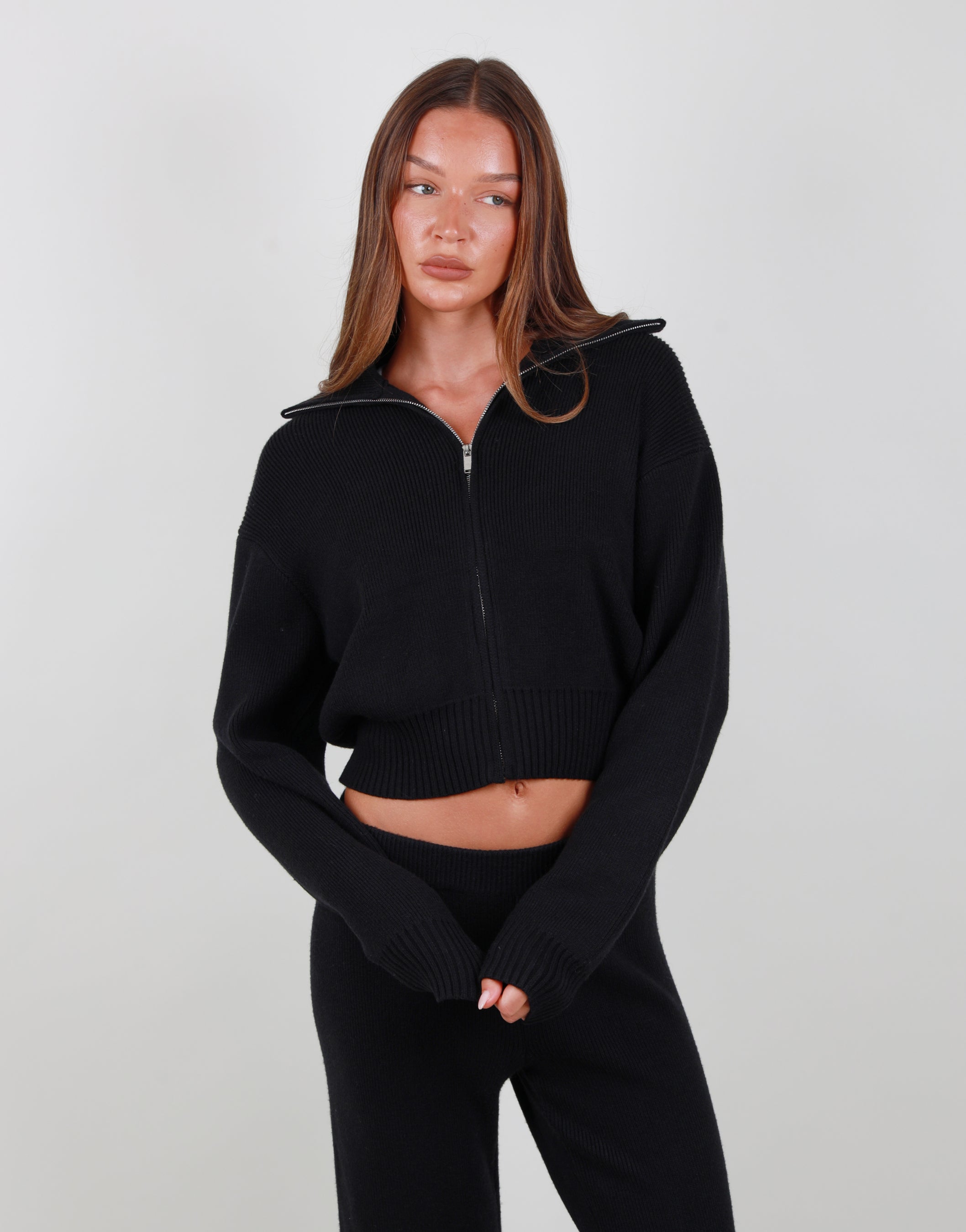 Collared Knit Zip through in black | SIMMI London