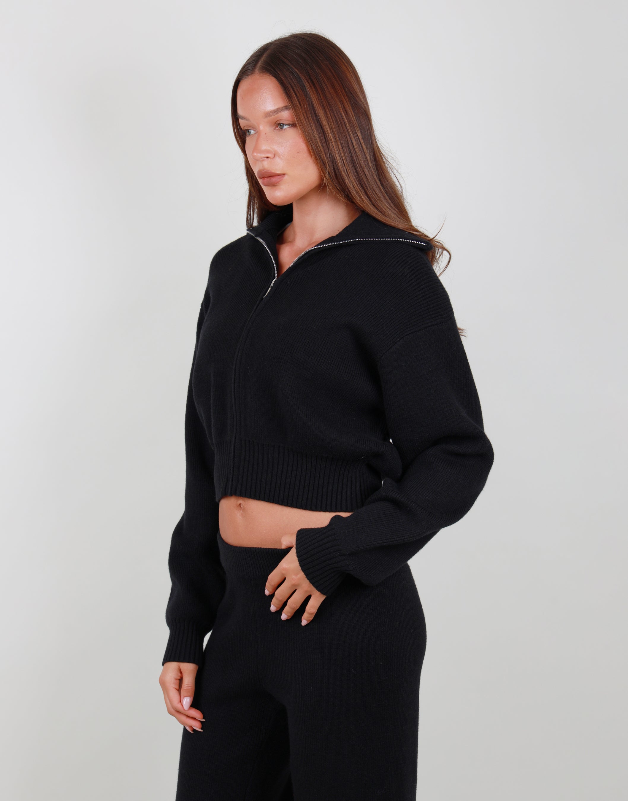 Collared Knit Zip through in black | SIMMI London