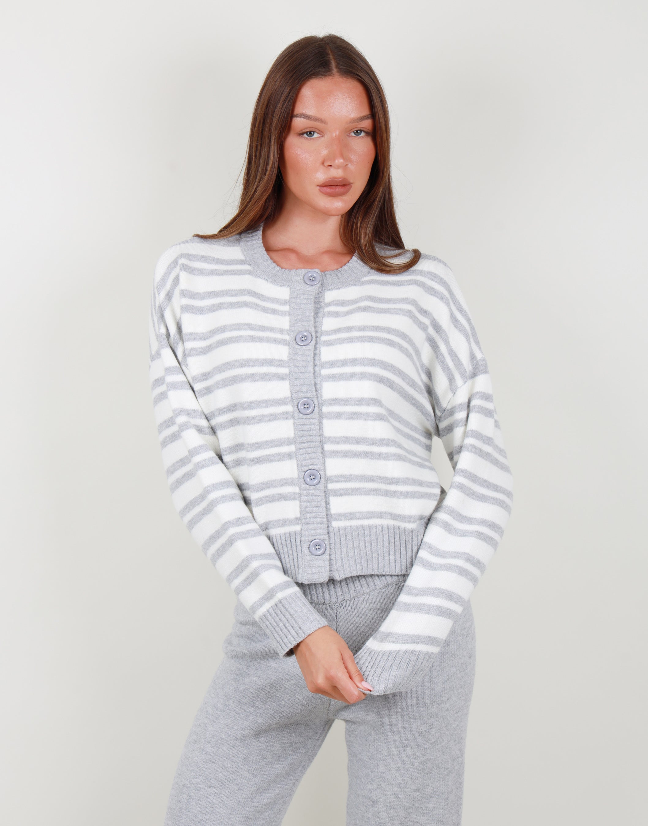 Bonnie Simmi Studios Oversized Cardigan In Grey Marl Stripe