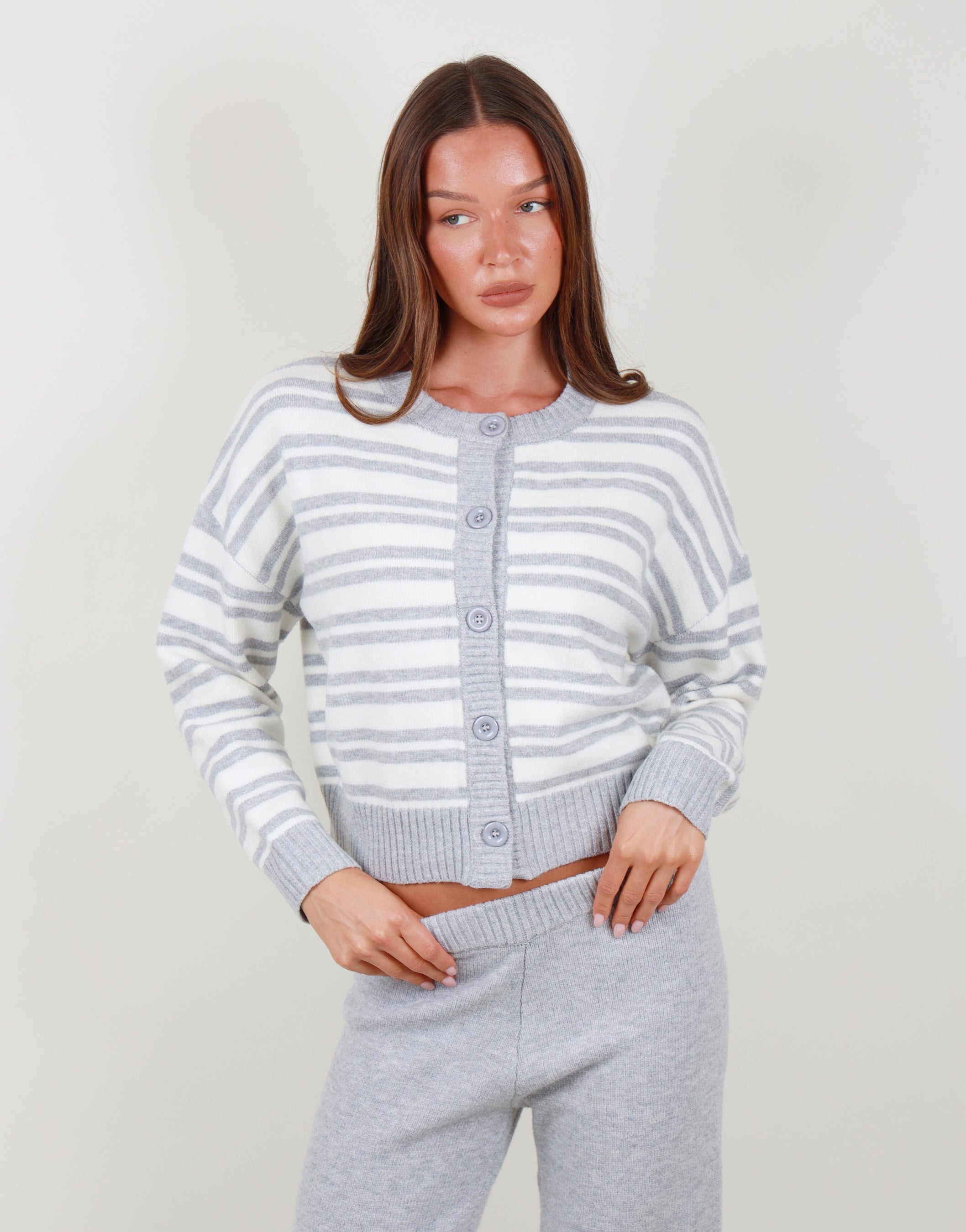 Bonnie Simmi Studios Oversized Cardigan In Grey Marl Stripe