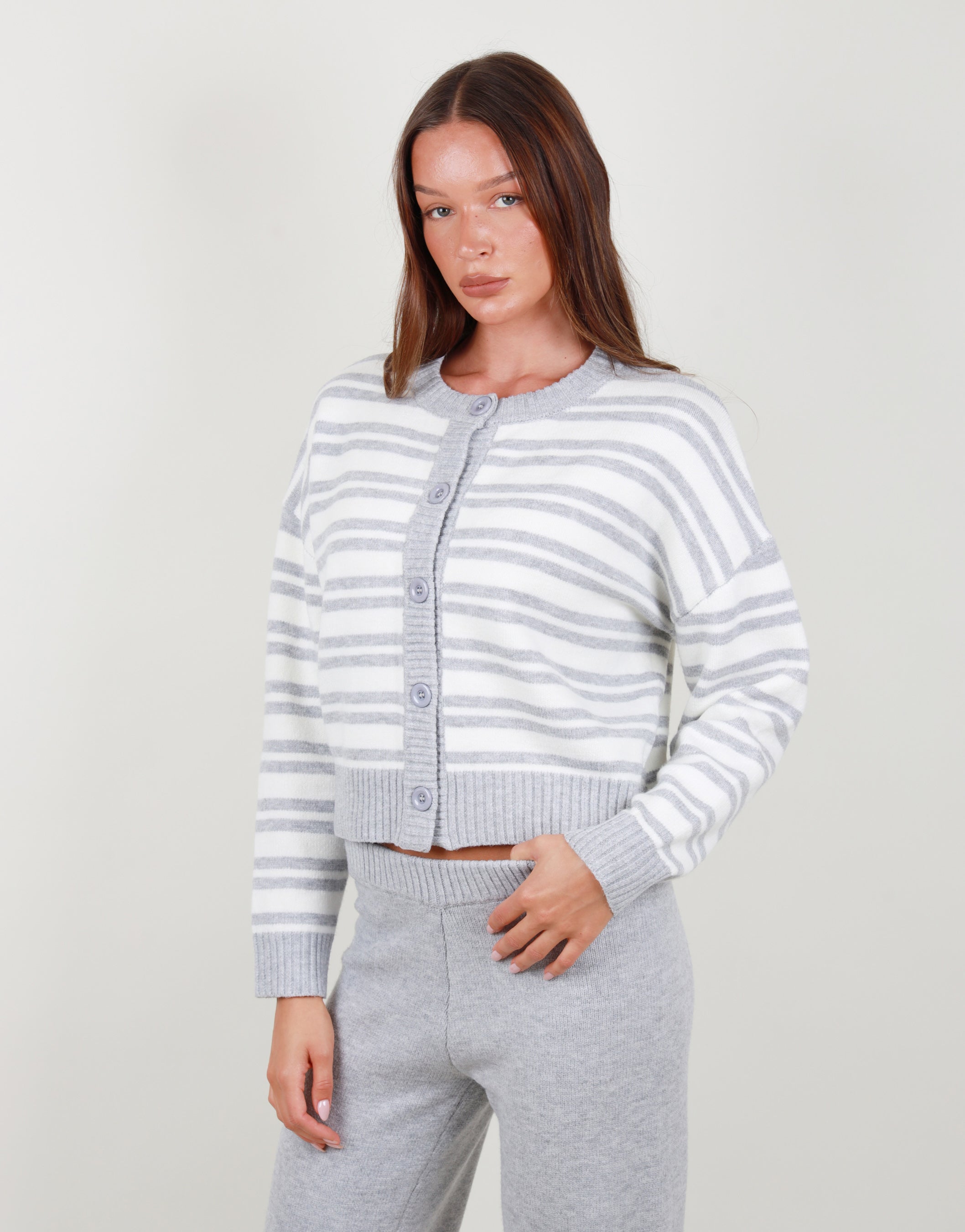 Bonnie Simmi Studios Oversized Cardigan In Grey Marl Stripe