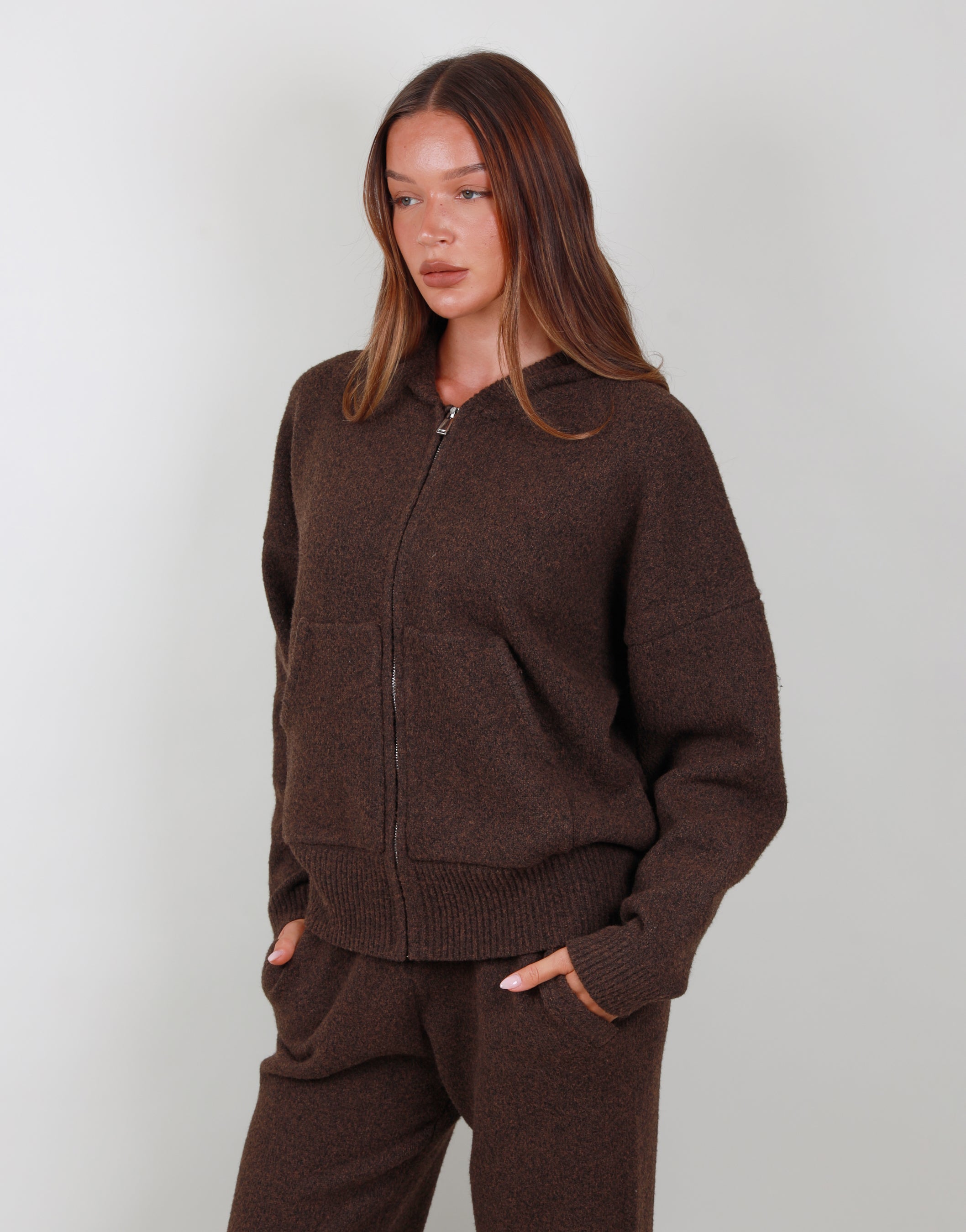 Elara Oversized Zip Hoodie in dark brown | SIMMI London