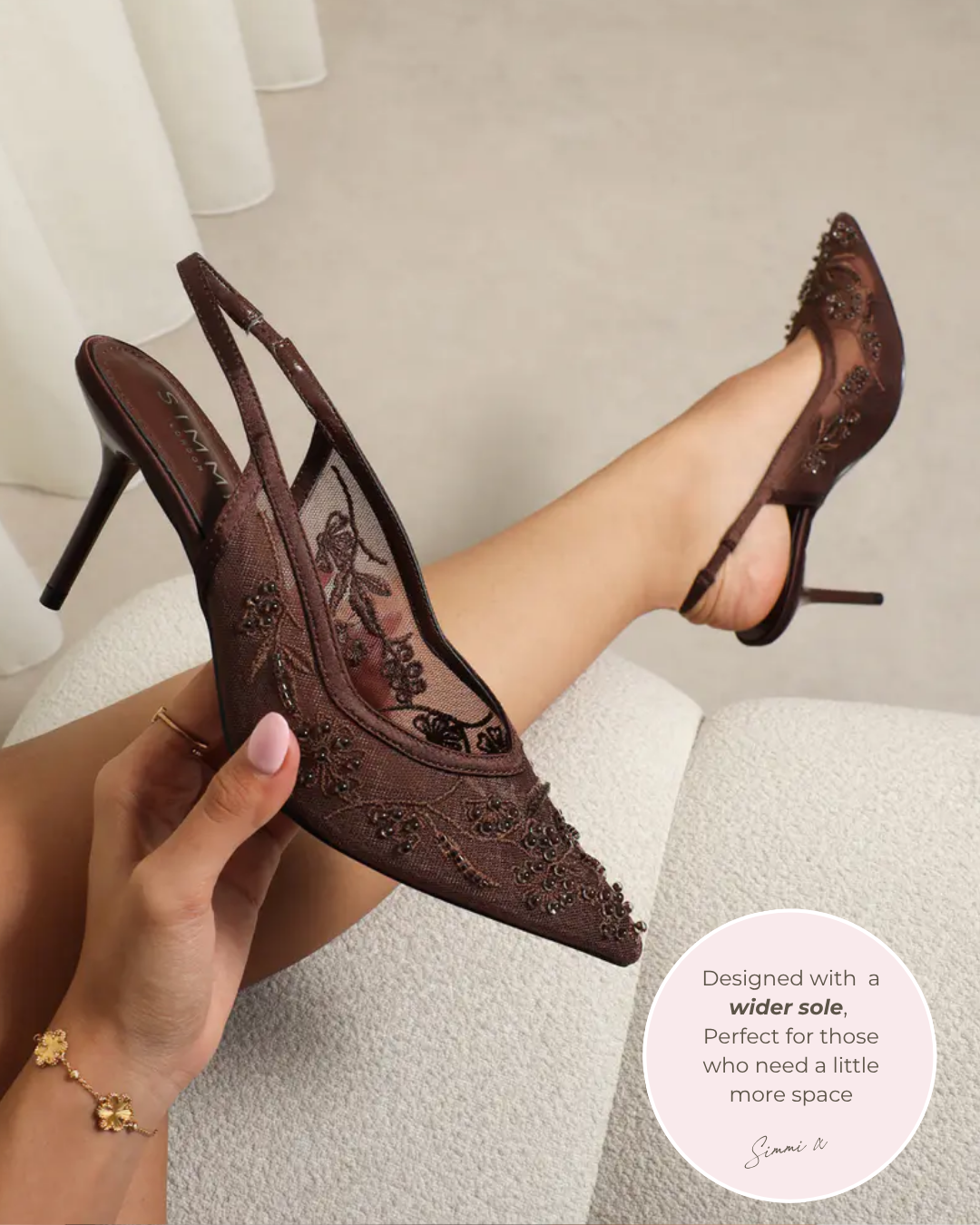 Alizia Brown Mesh Embellished Wide Fit Slingback Courts