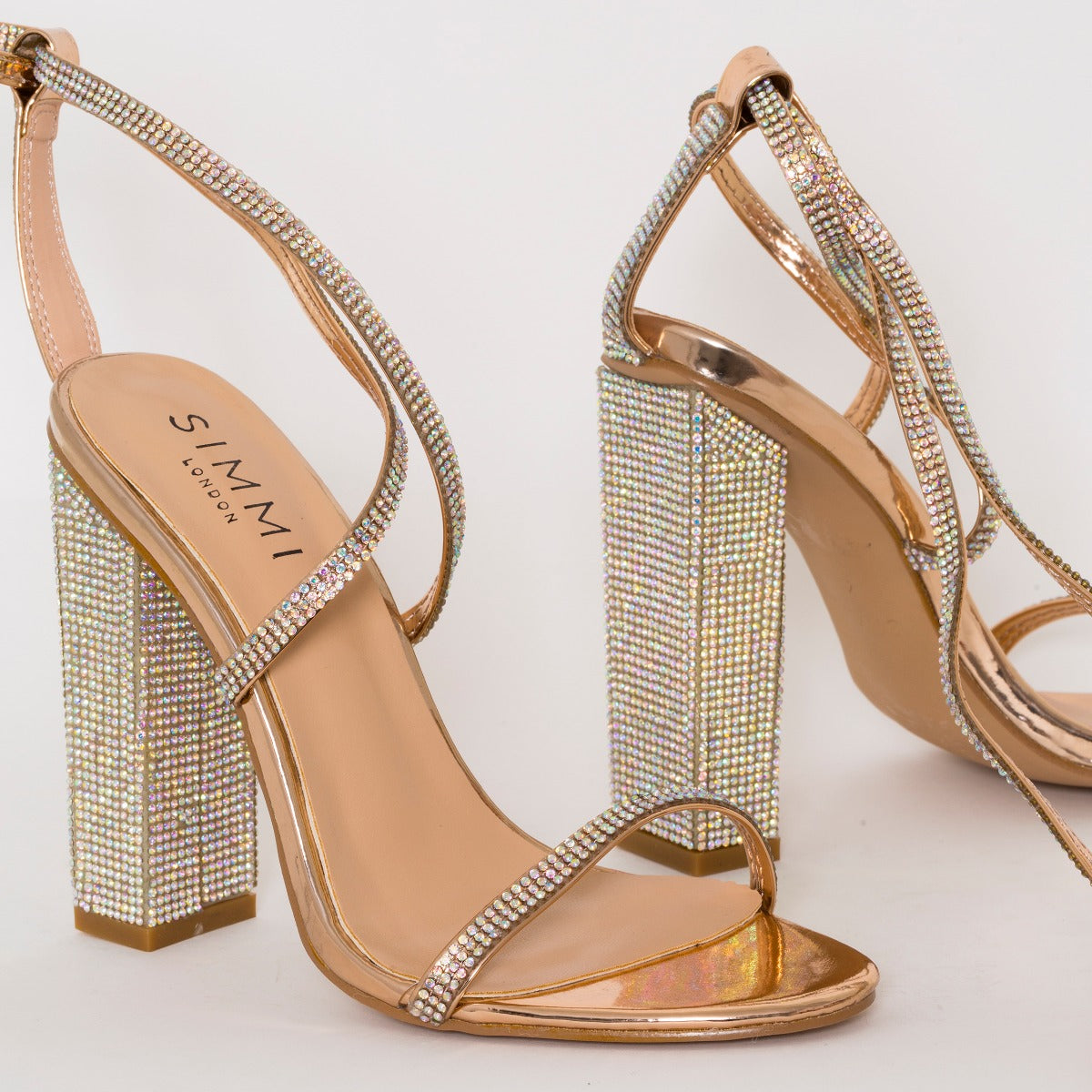 rose gold diamante block heels