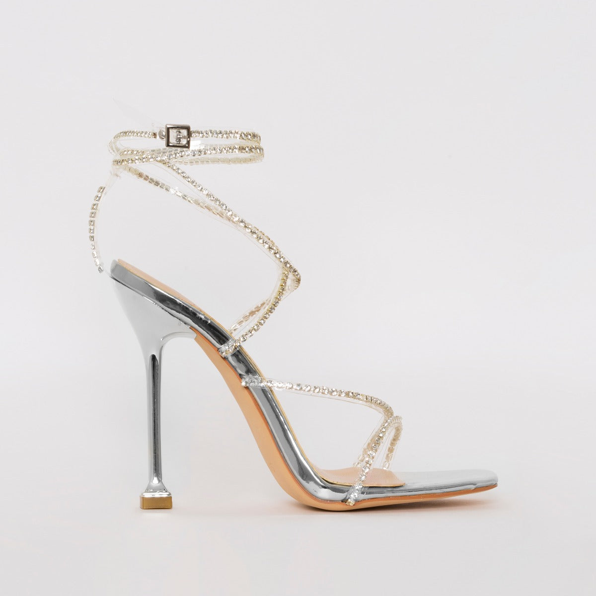 SIMMI SHOES / CHANTEL SILVER CLEAR DIAMANTE STRAPPY HEELS