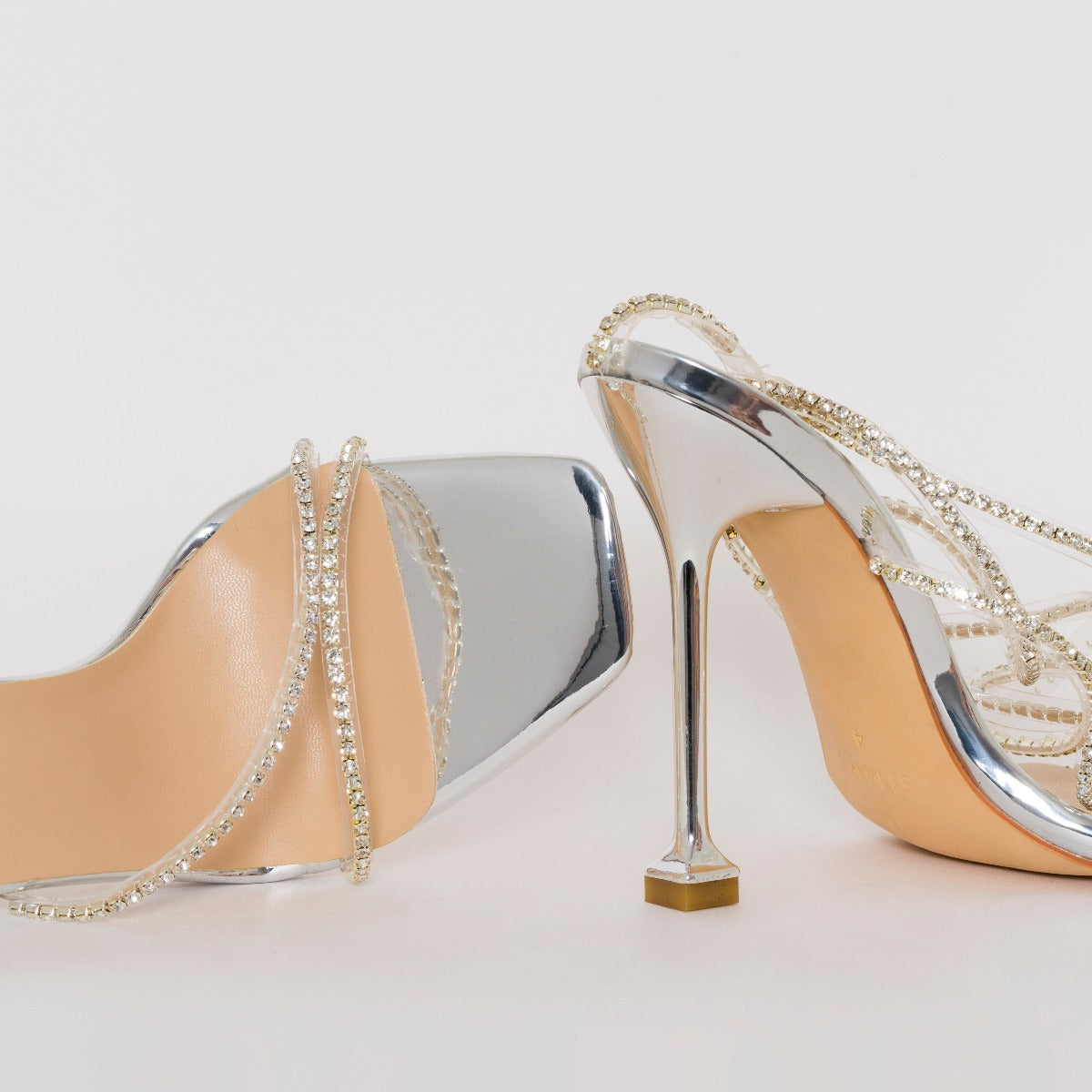 SIMMI SHOES / CHANTEL SILVER CLEAR DIAMANTE STRAPPY HEELS