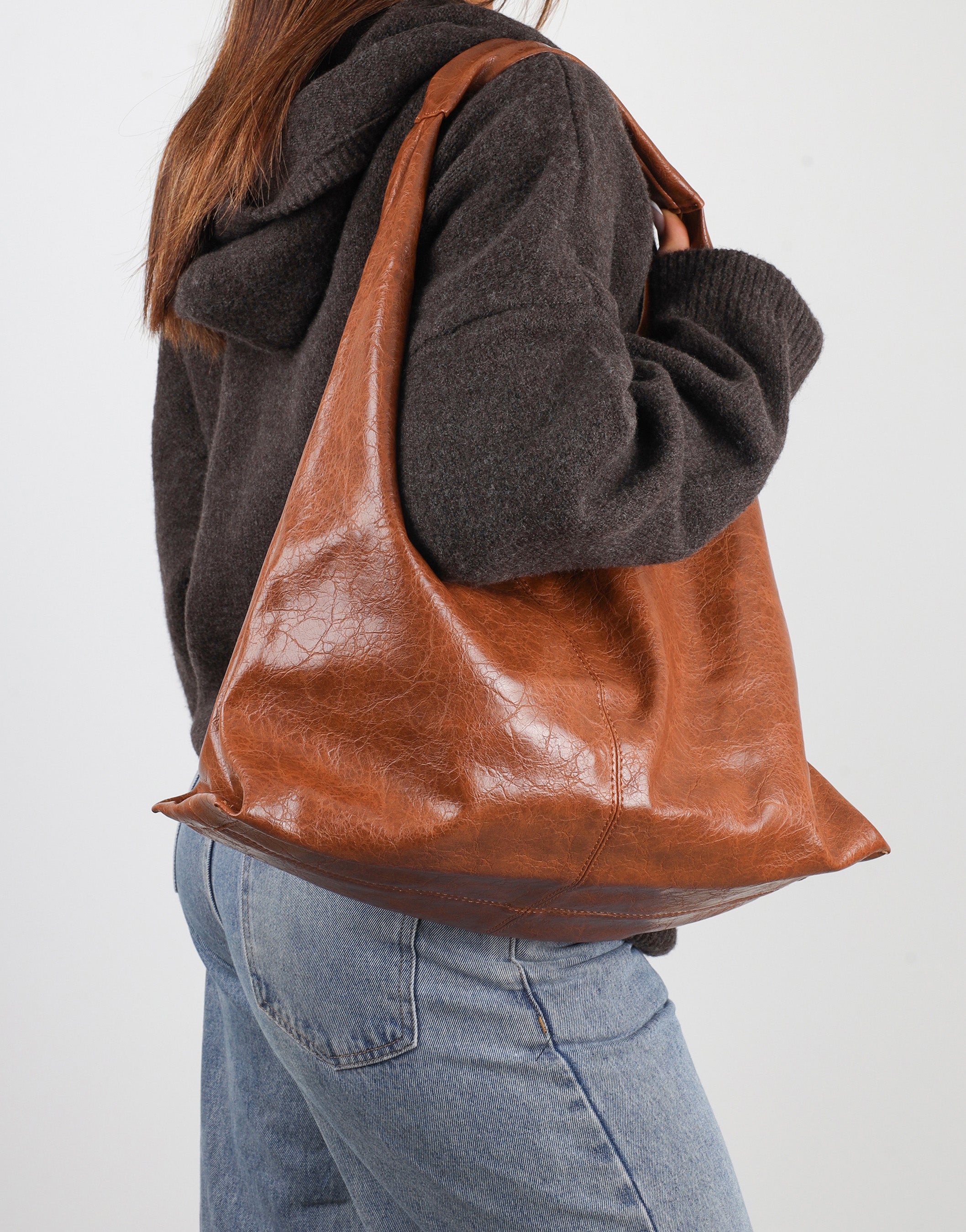 Abina Dark Tan Soft Hobo Shoulder Bag | SIMMI London
