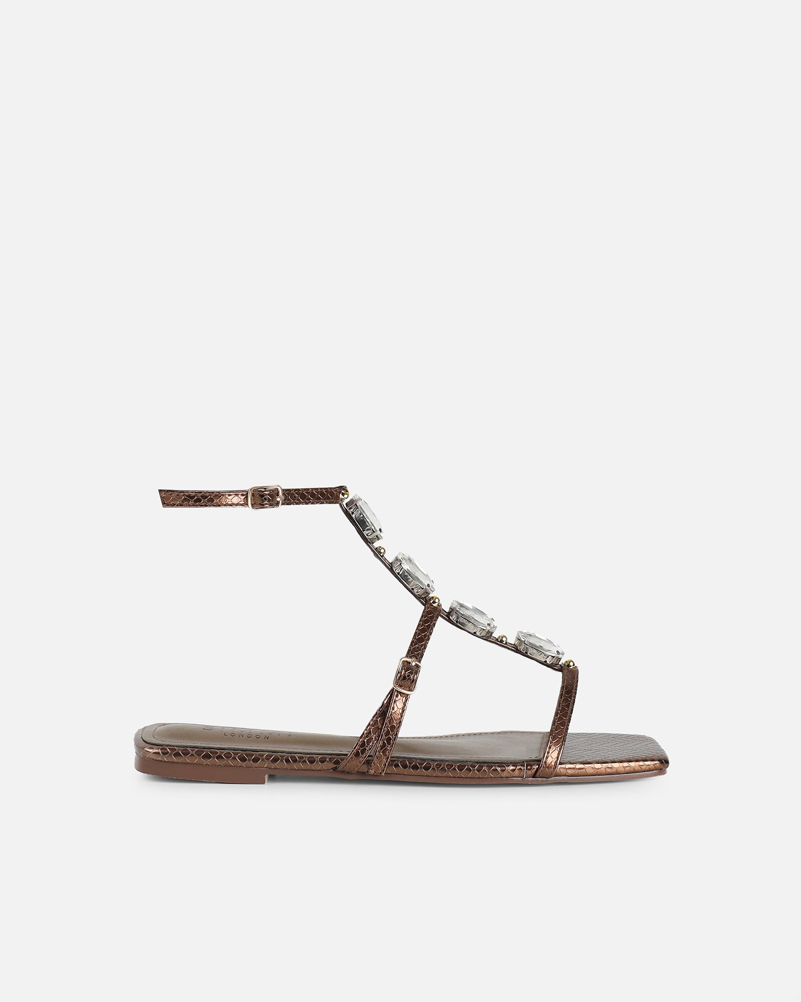 Azura Bronze Snake Embellished Flat Sandals | SIMMI London
