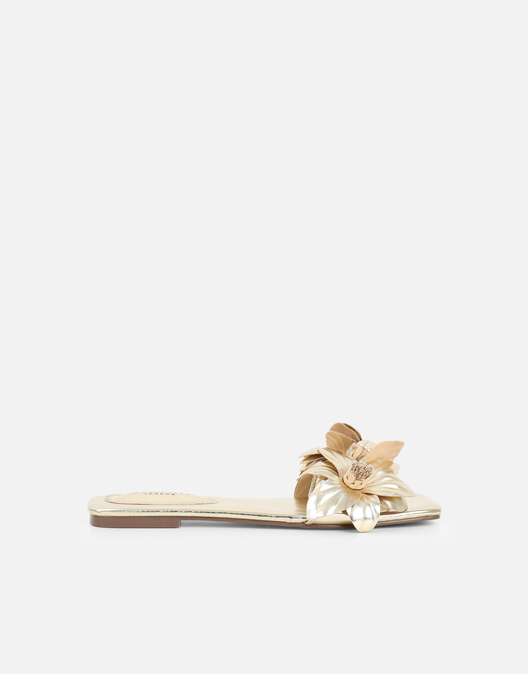 Gilly Gold Metallic Flower Detail Flat Sandals | SIMMI London